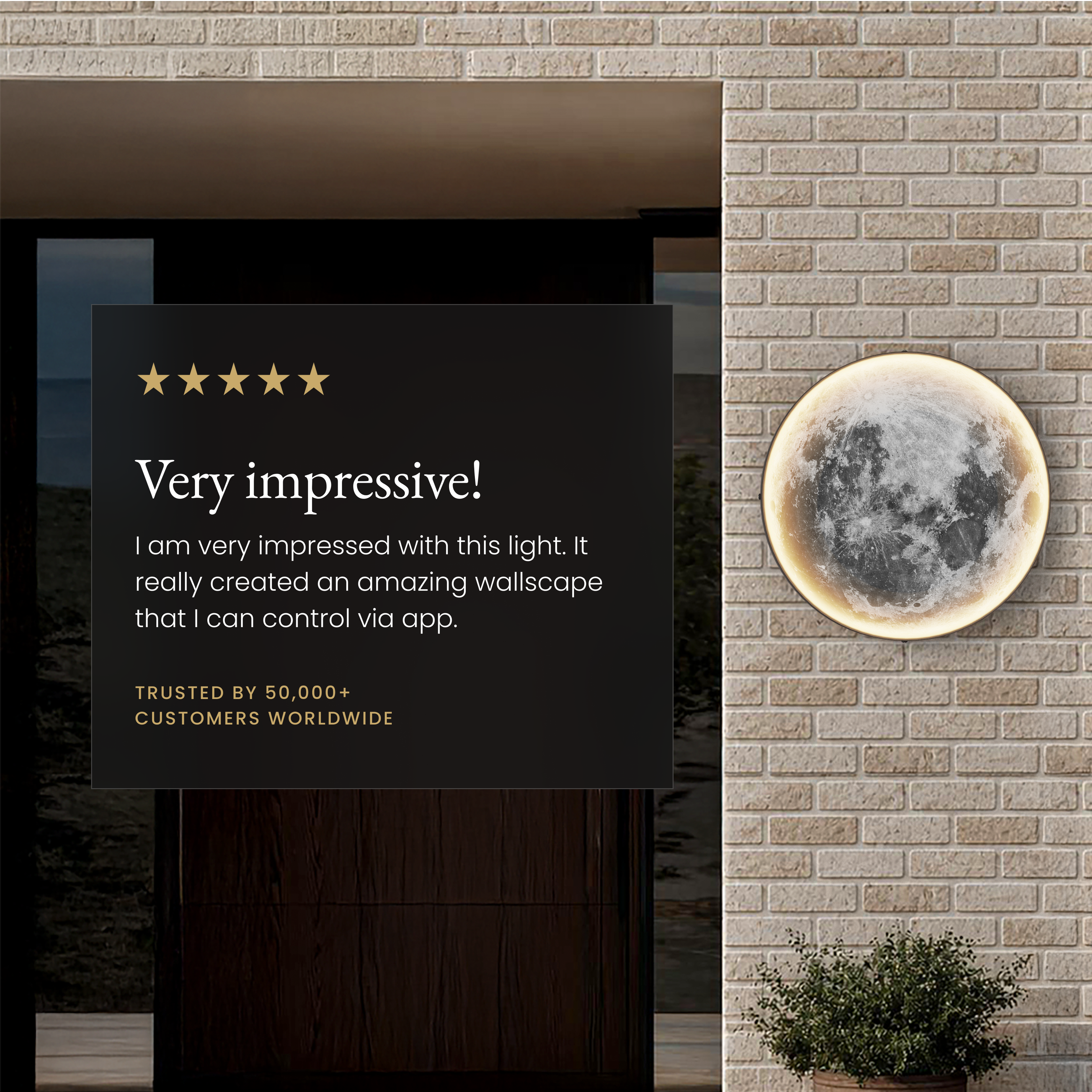 Luna Outdoor Smart moon wall light on brick beside a five-star customer review