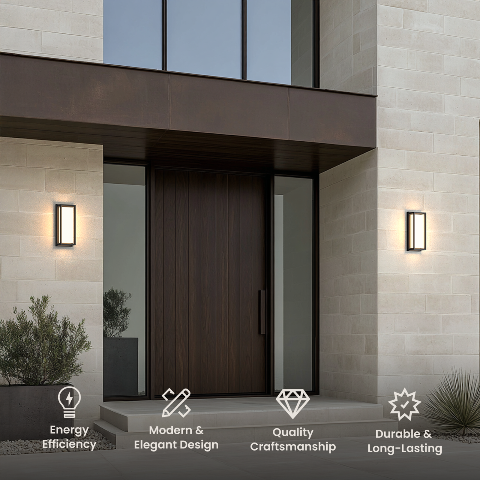 Hollis outdoor sconces, open black frames with LED light bands flanking a dark wood entry door