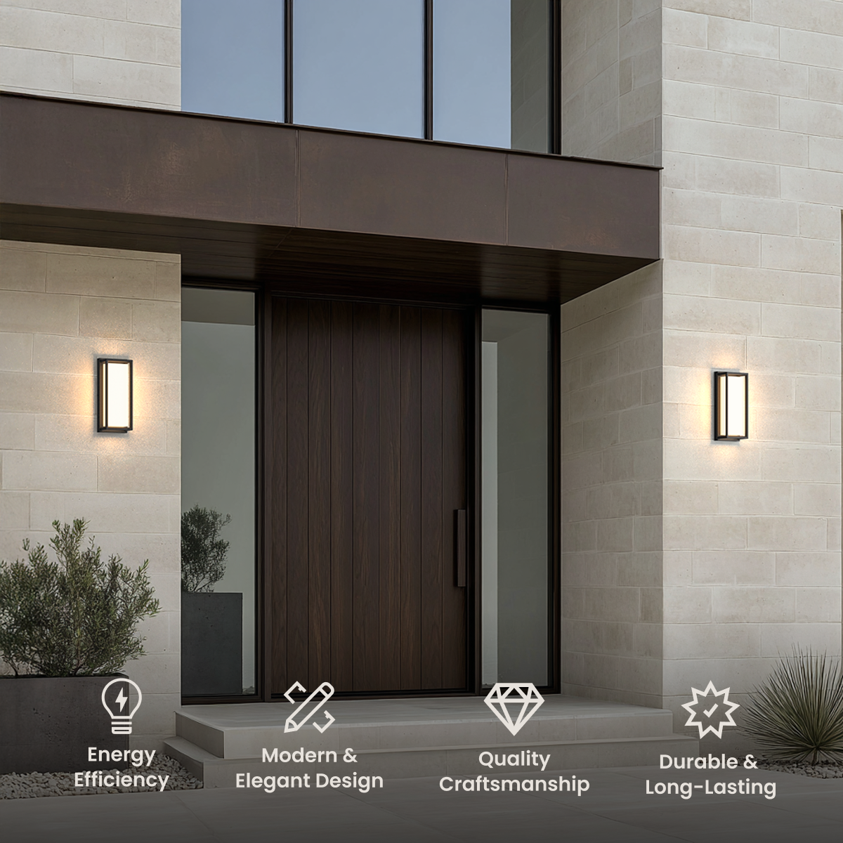 Hollis outdoor sconces, open black frames with LED light bands flanking a dark wood entry door