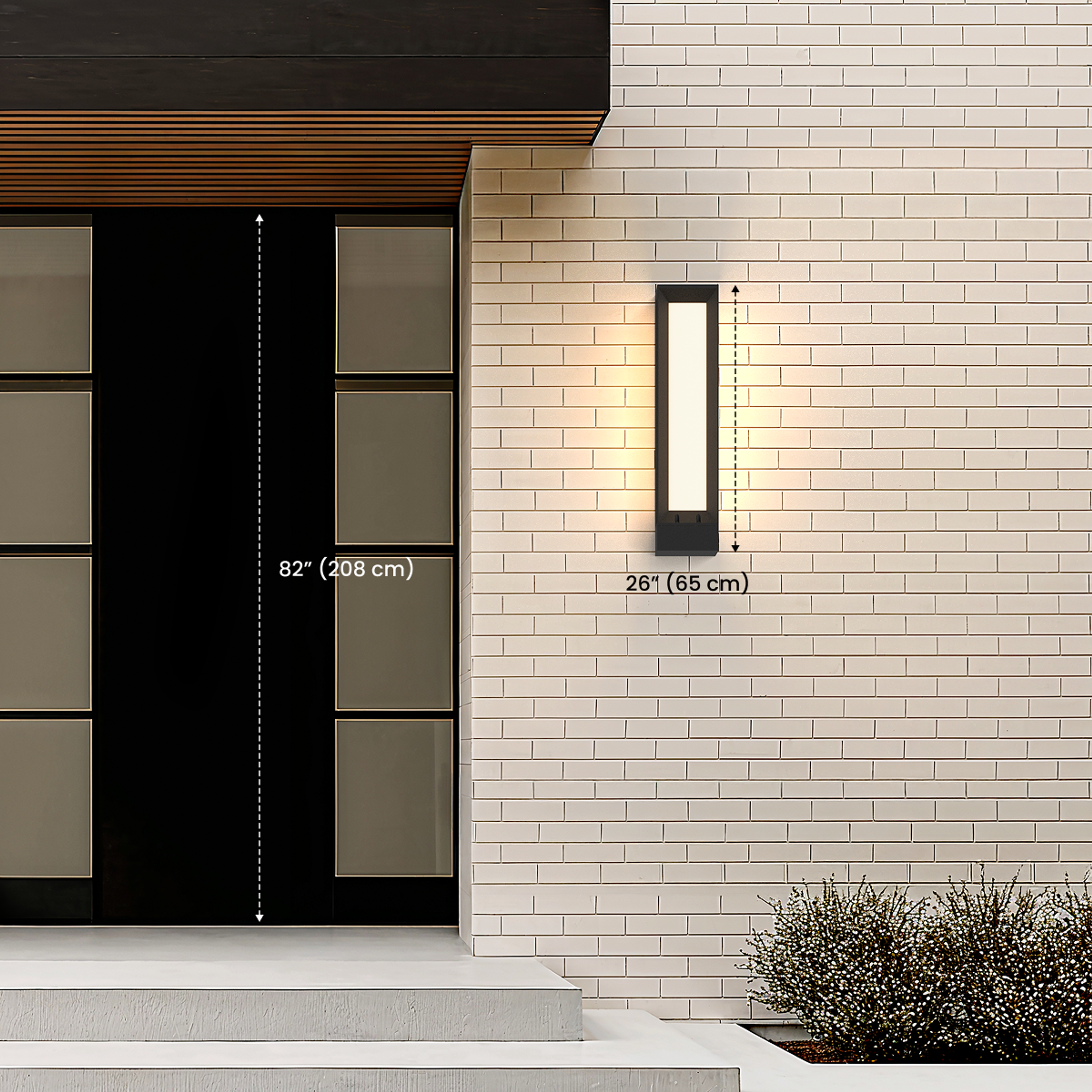 Haven sconce dimension diagram, 26" fixture mounted beside an 82" door