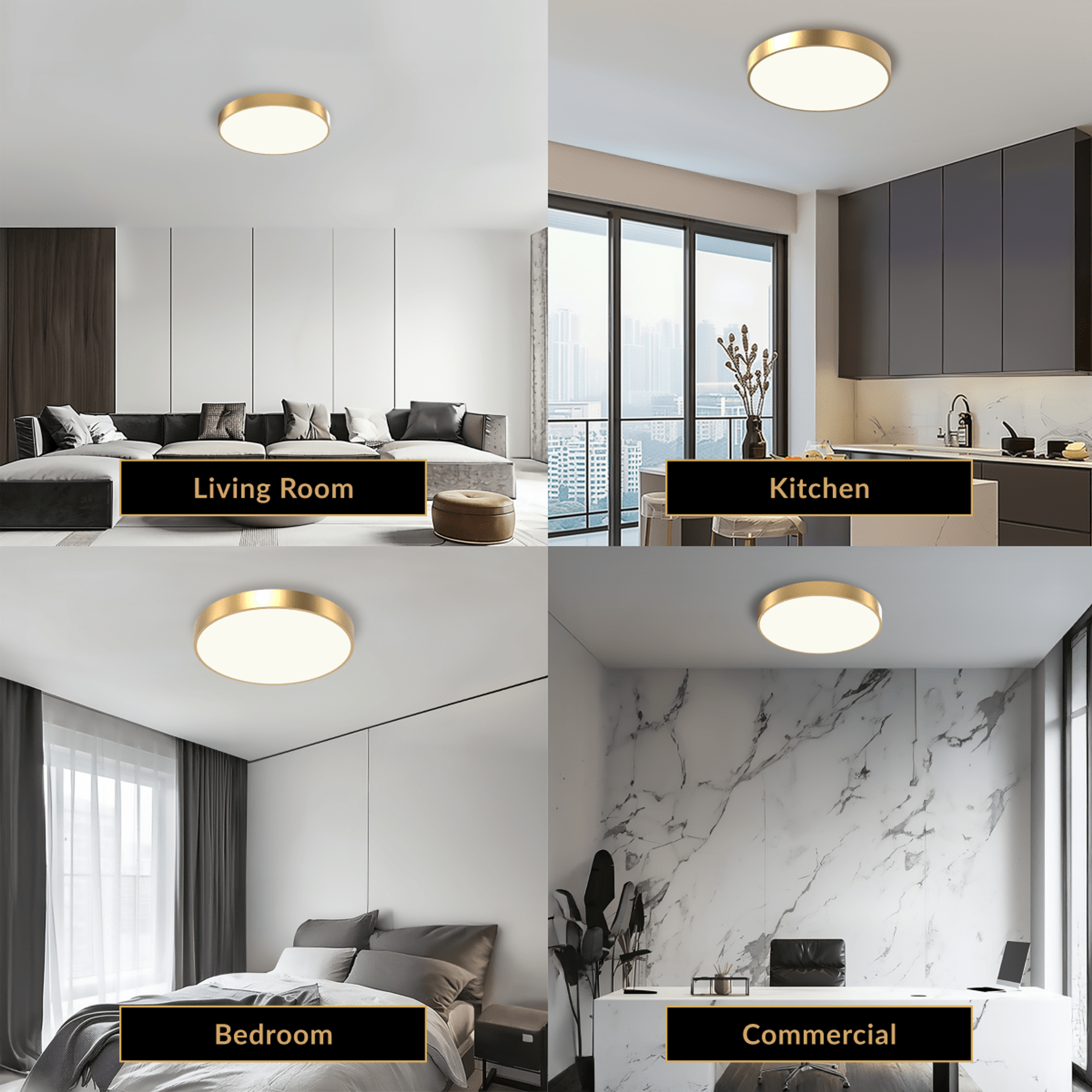 Aria brushed-gold round flush-mount ceiling light in living, kitchen, bedroom and commercial rooms