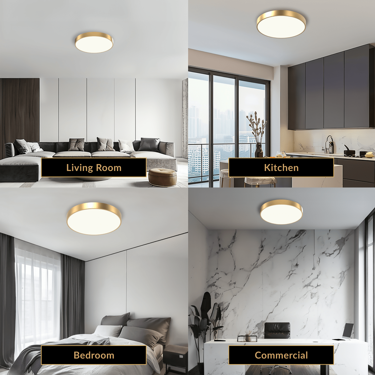 Aria brushed-gold round flush-mount ceiling light in living, kitchen, bedroom and commercial rooms