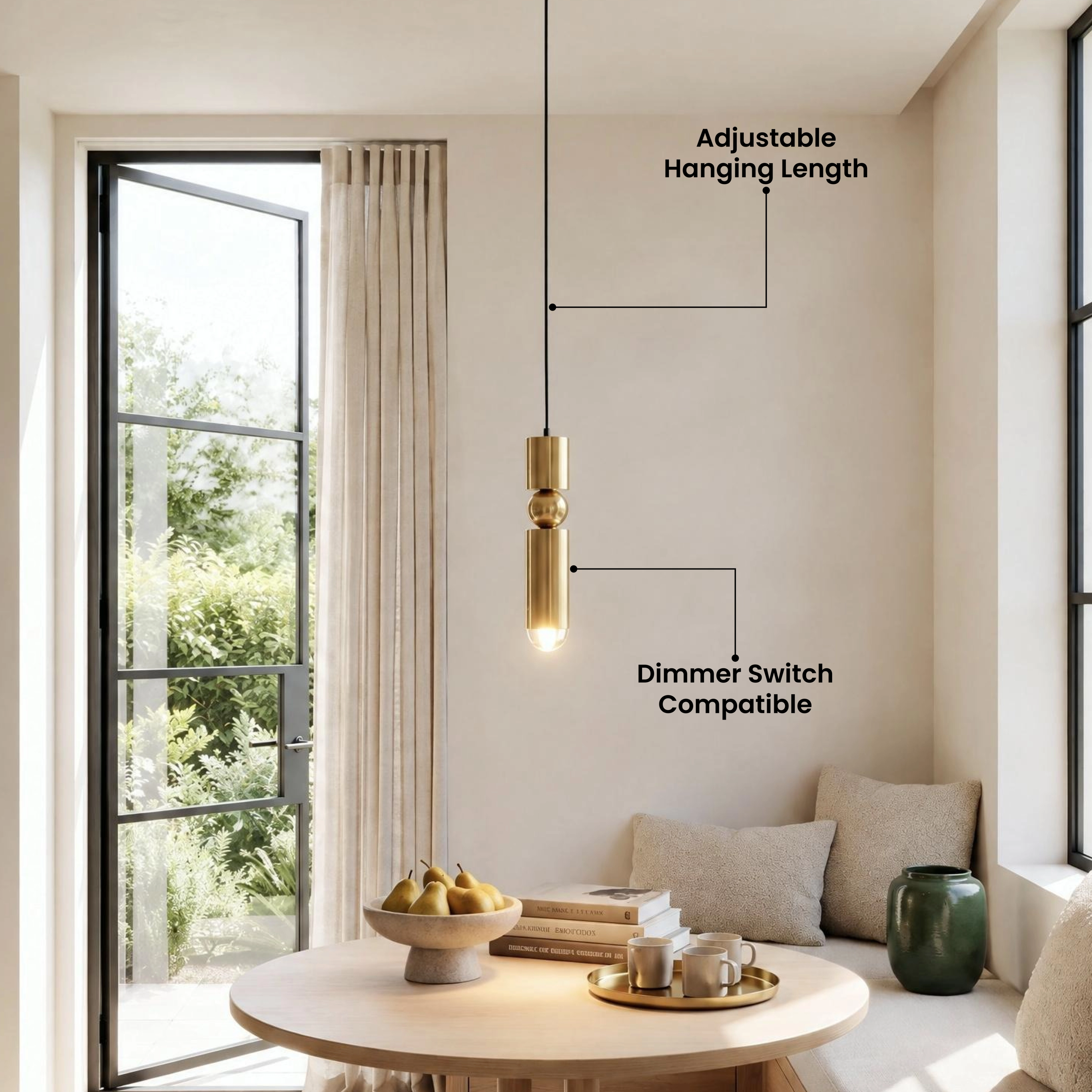 Jetta slim gold cylindrical pendants flanking a bed, with a five-star verified customer review overlay