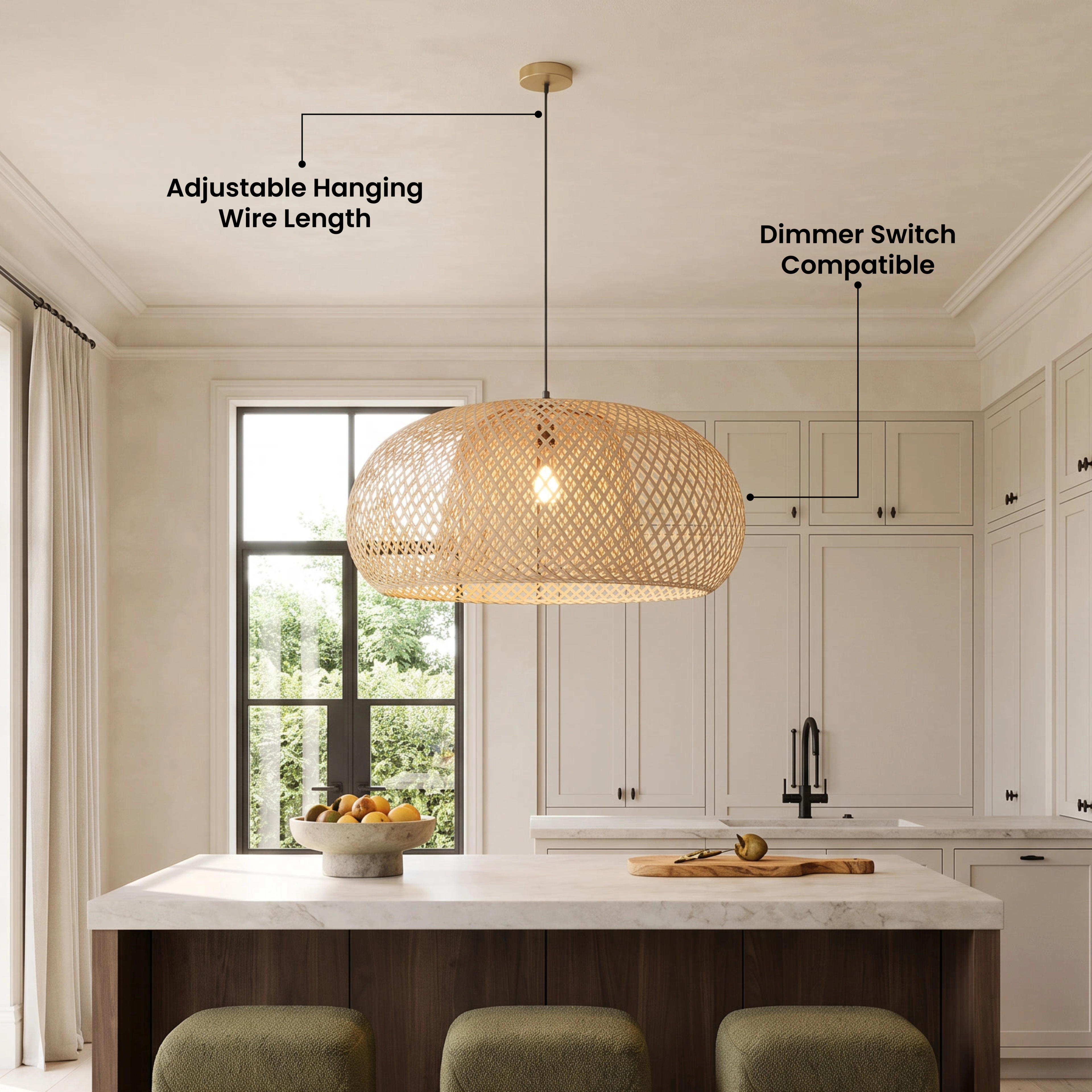 Amara woven bamboo dome pendant, rounded disc form, over a sofa on a sunlit patio