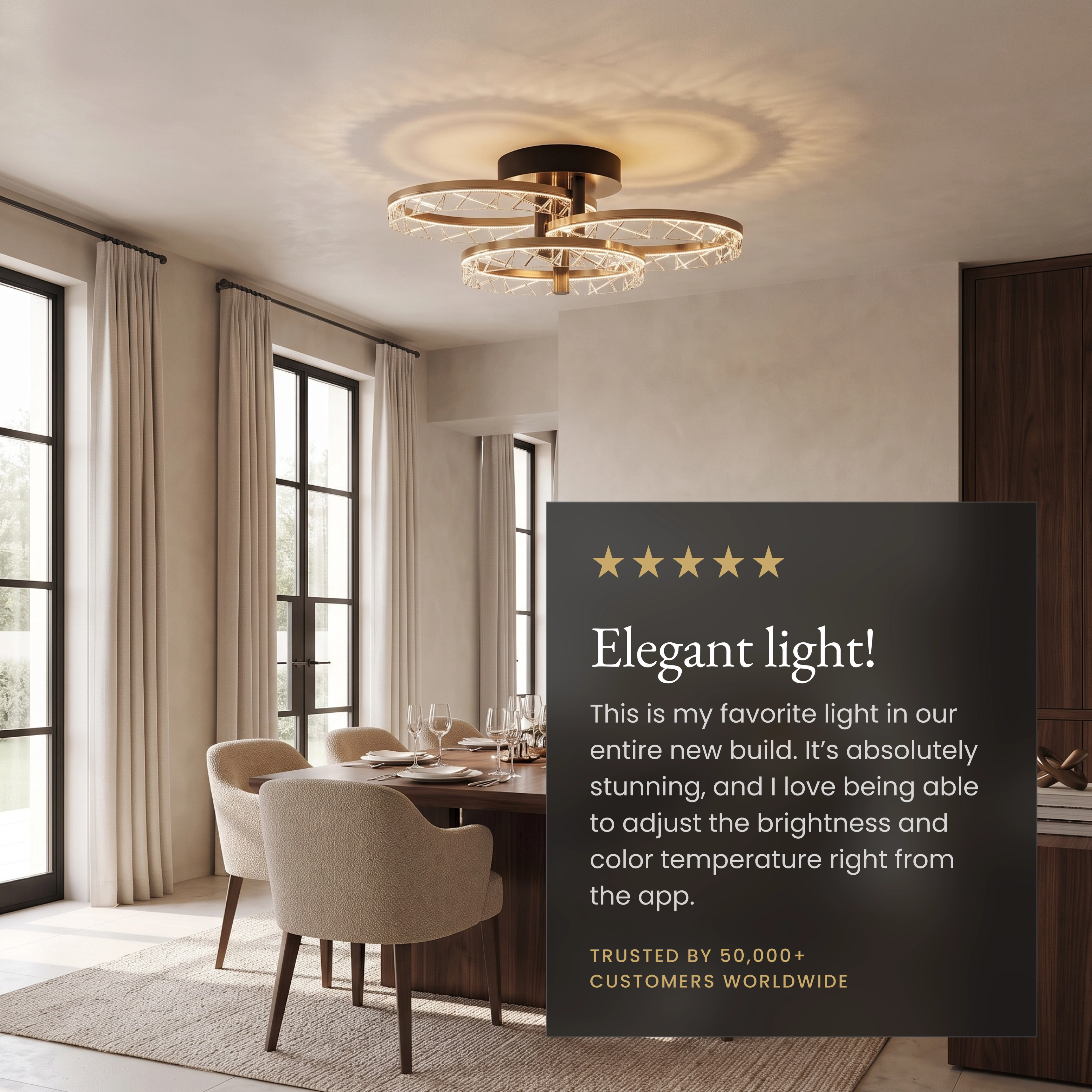 Clara Smart ceiling light in a dining room with a five-star customer review