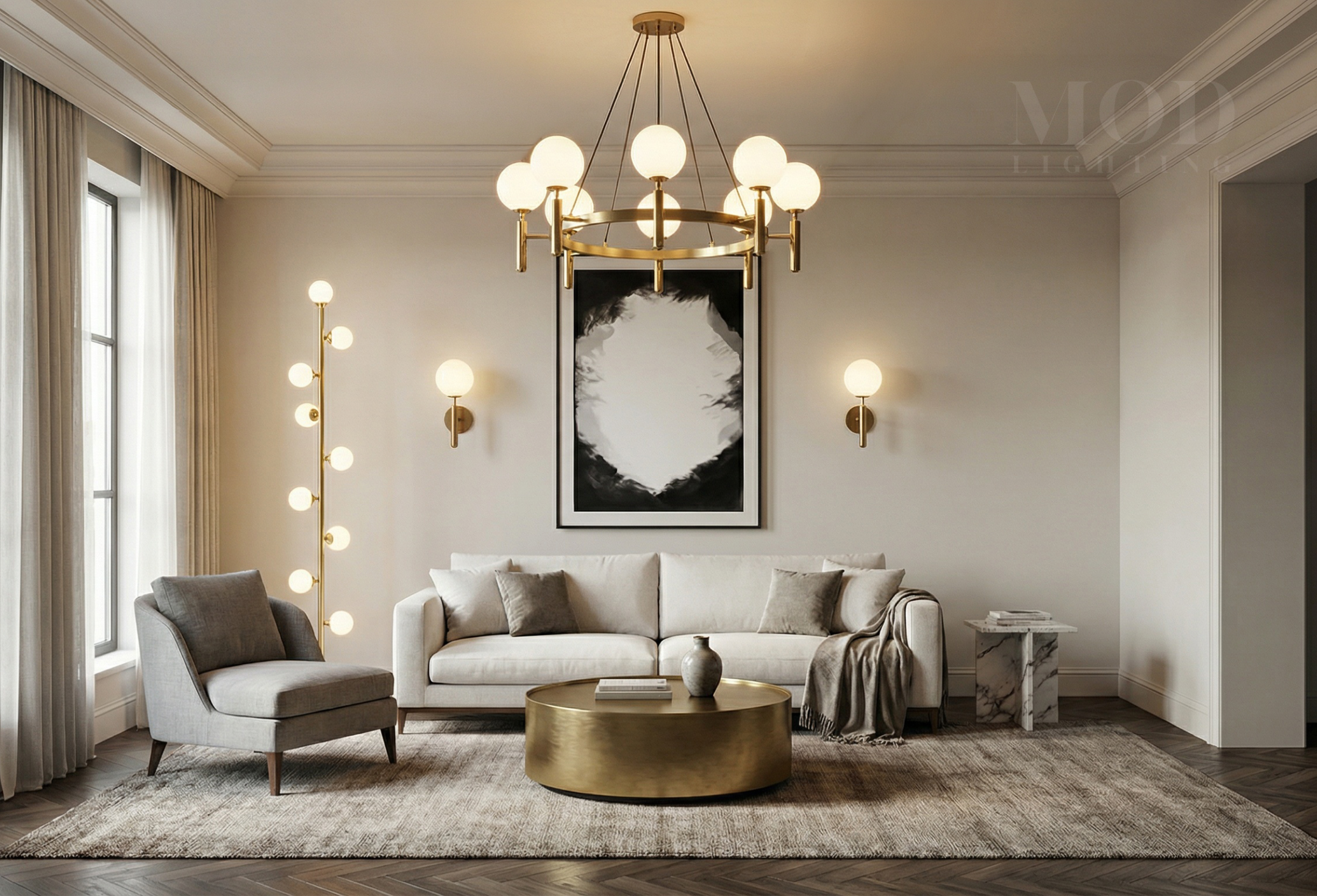 Angelica chandelier, sconces, and Pearl lamp in one living room