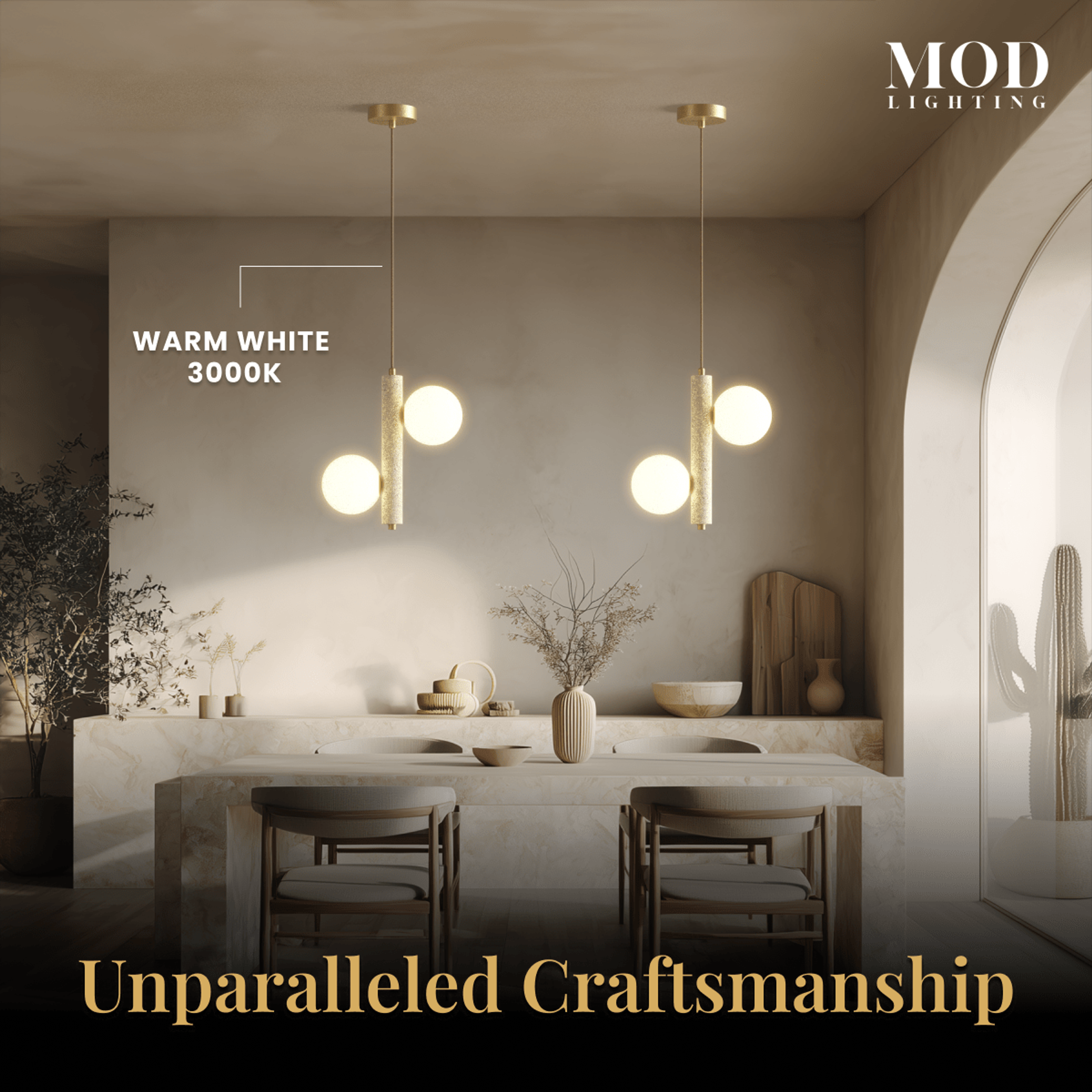 Arabella Pendant travertine stone lights over a kitchen island, opal-glass orbs, warm white 3000K, Unparalleled Craftsmanship