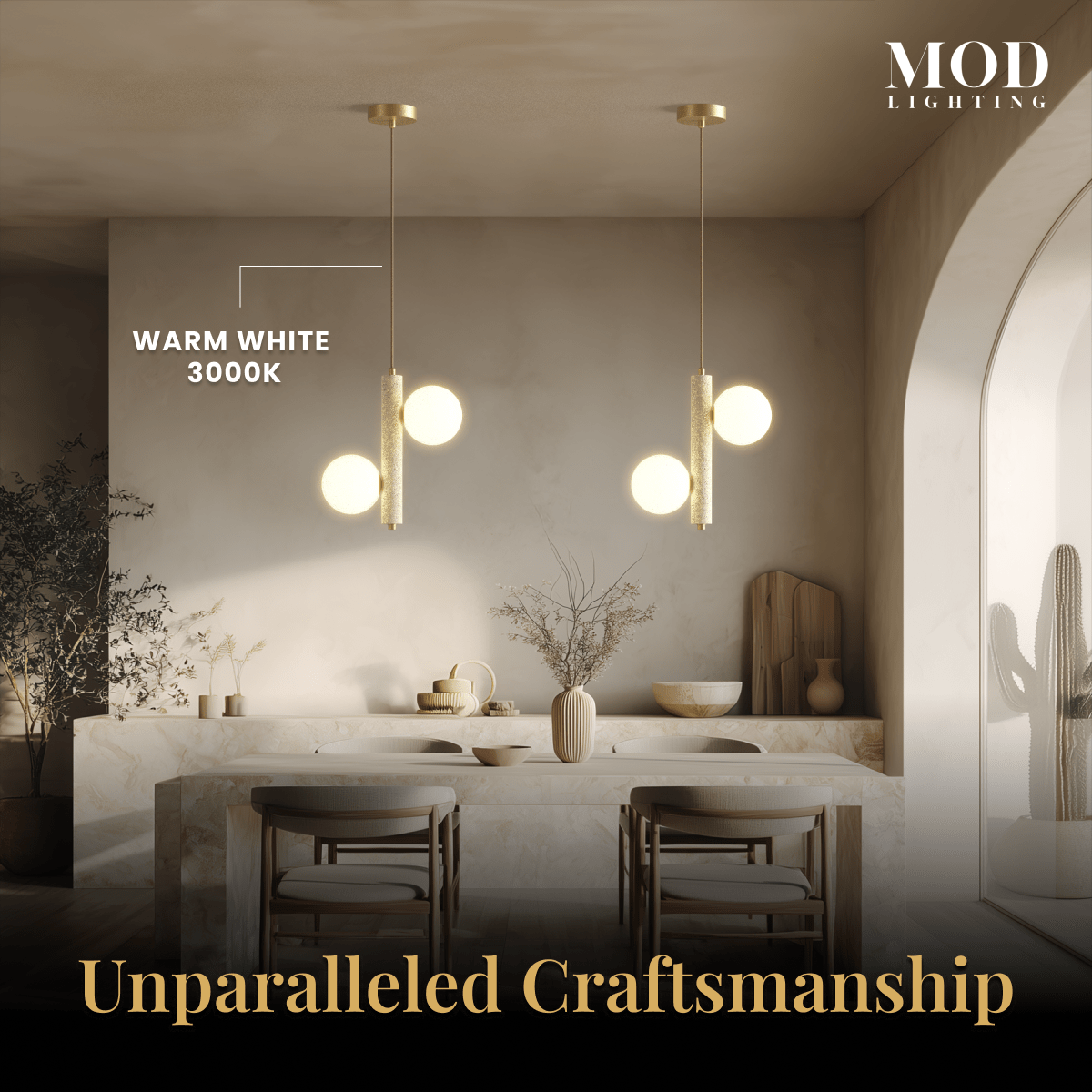 Arabella Pendant travertine stone lights over a kitchen island, opal-glass orbs, warm white 3000K, Unparalleled Craftsmanship