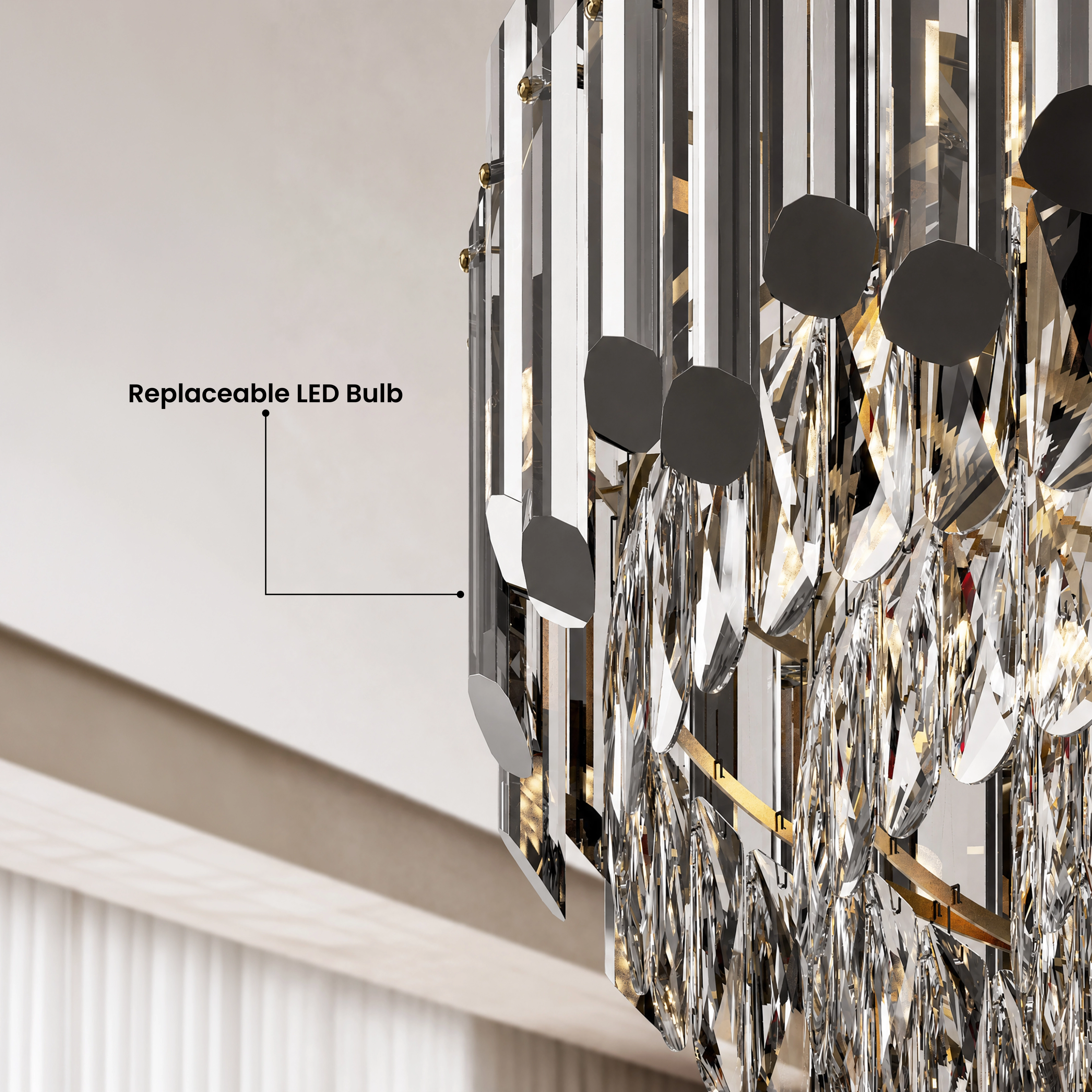 Arina gold crystal flush-mount chandelier, round tiered fixture glowing warm white over a bed