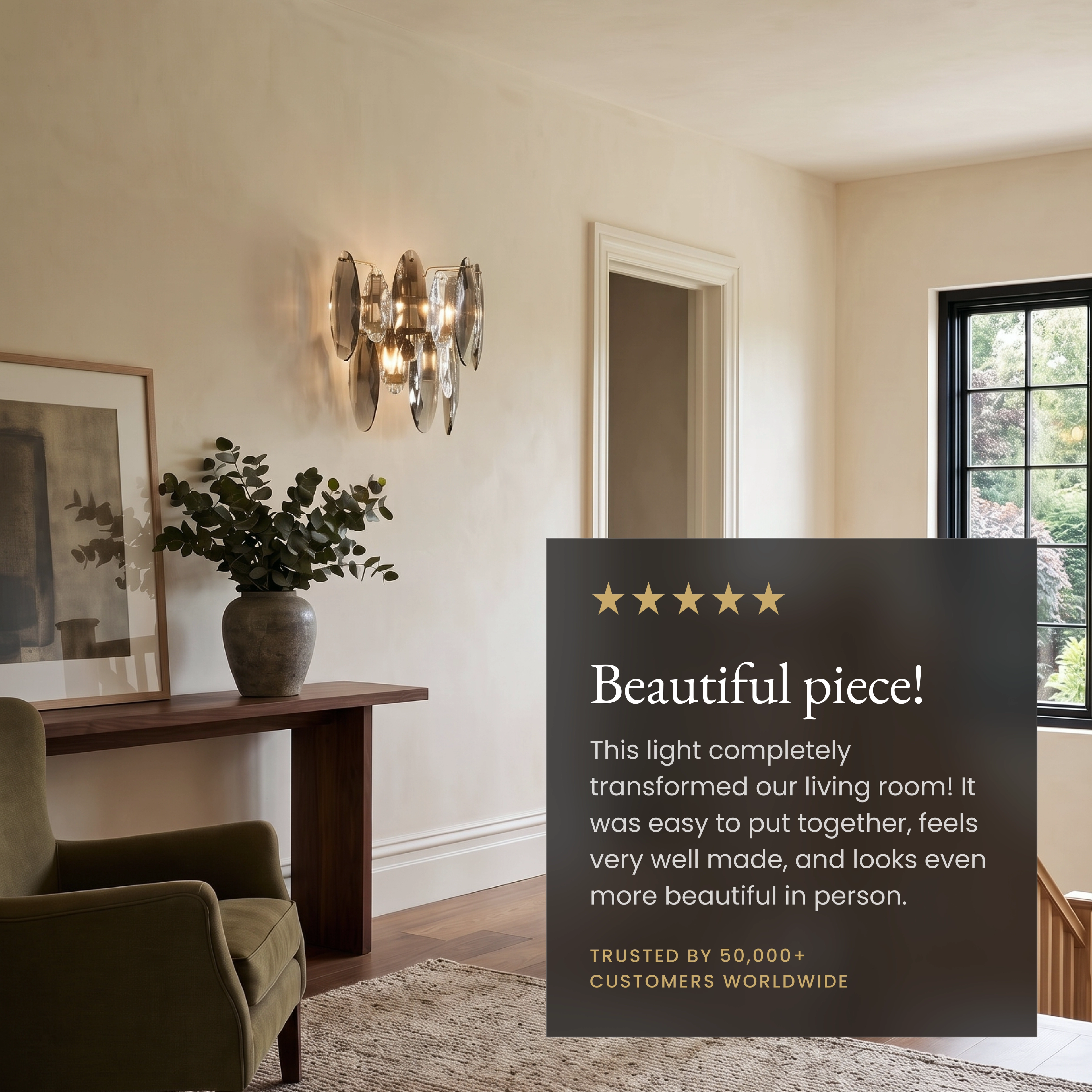 Celestial gold and smoke-crystal wall sconce beside a bed, labeling LED, dimmer and premium crystal features