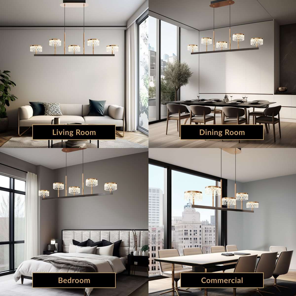 Emma linear pendant, five gold and pearl-black crystal drum shades on a bar, shown in living, dining, bedroom and commercial