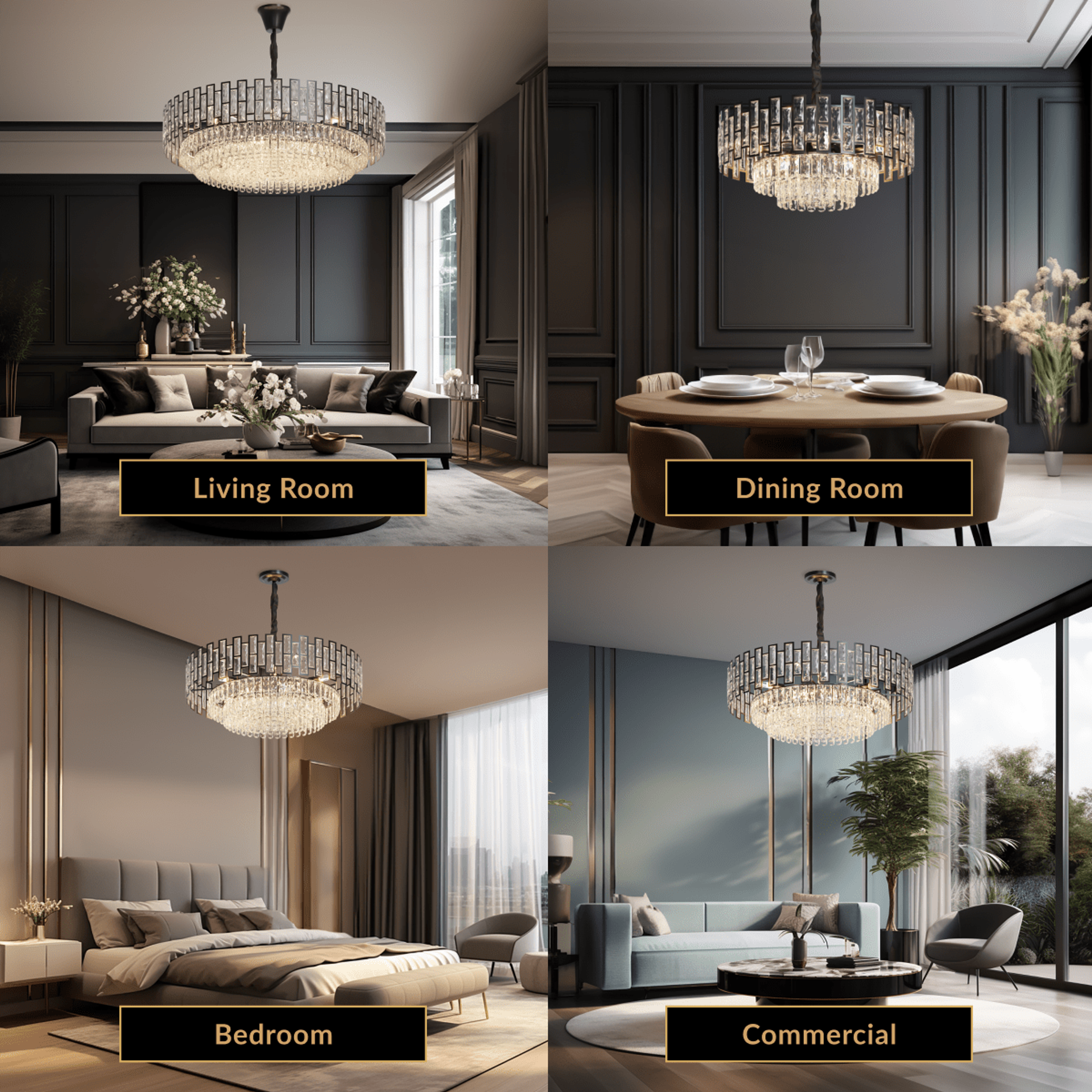 Raven black crystal chandelier shown lit in four settings: living room, dining room, bedroom, commercial