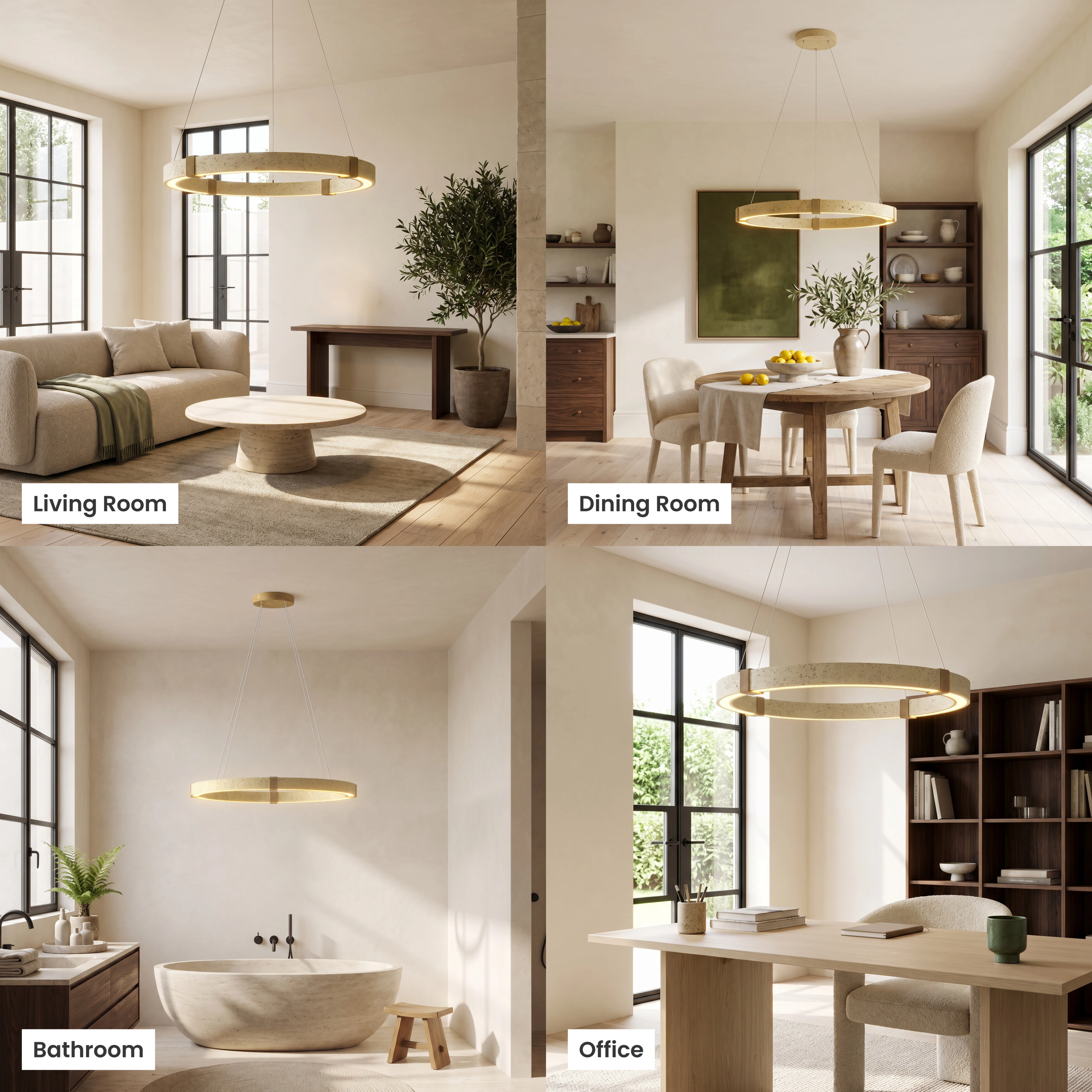 Arabella travertine stone chandelier, gold ring pendant, staged in living room, dining room, bedroom and commercial spaces