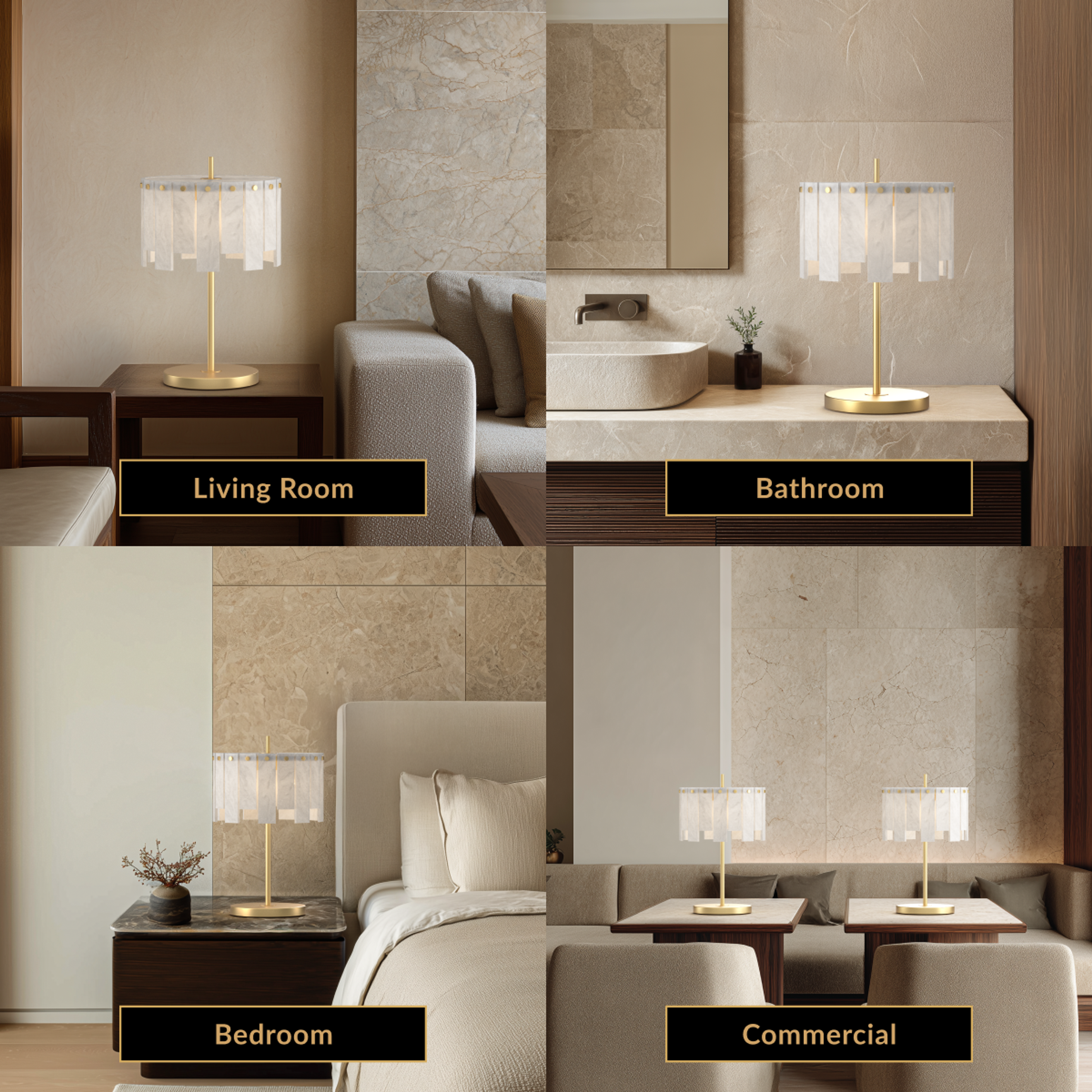 Velina Table Lamp gold alabaster fixture shown in living room, bathroom, bedroom and commercial settings