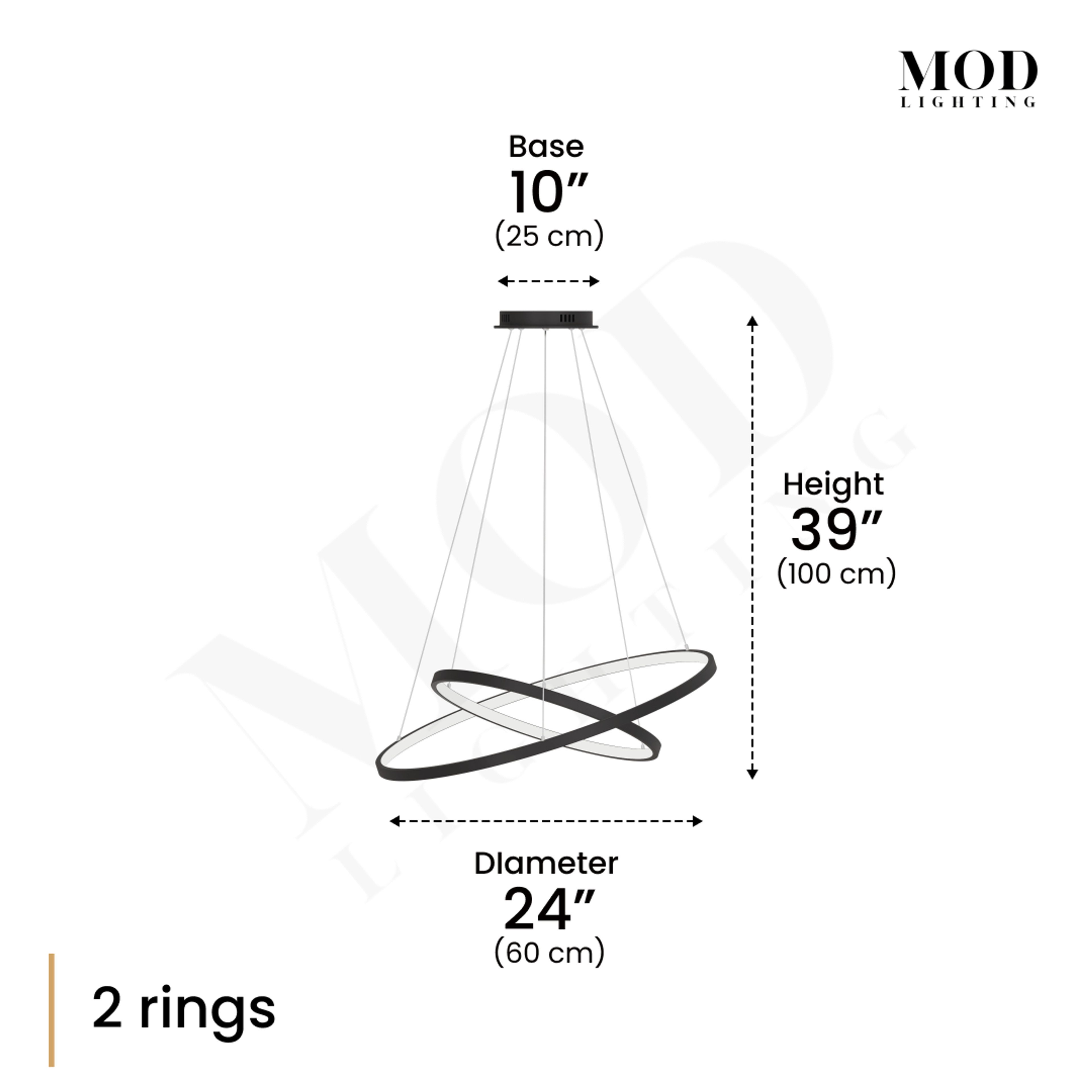 Janet dimension diagram, 2 interlocking black LED rings, 10" base, 24" diameter, 39" height