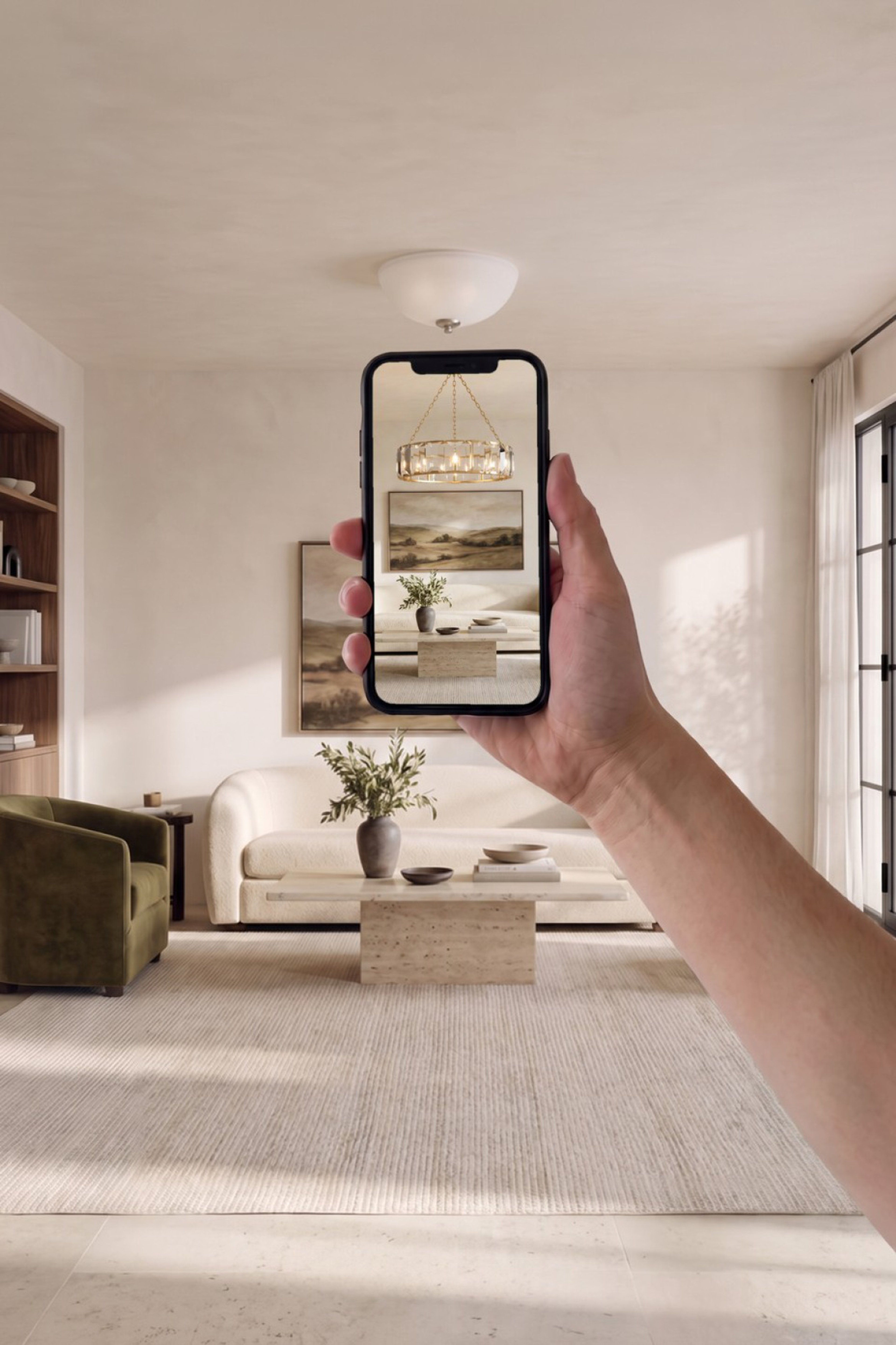 Phone held up in a cream living room previewing a MOD LIGHTING Solara chandelier over the coffee table with the MOD LIGHTING Visualizer
