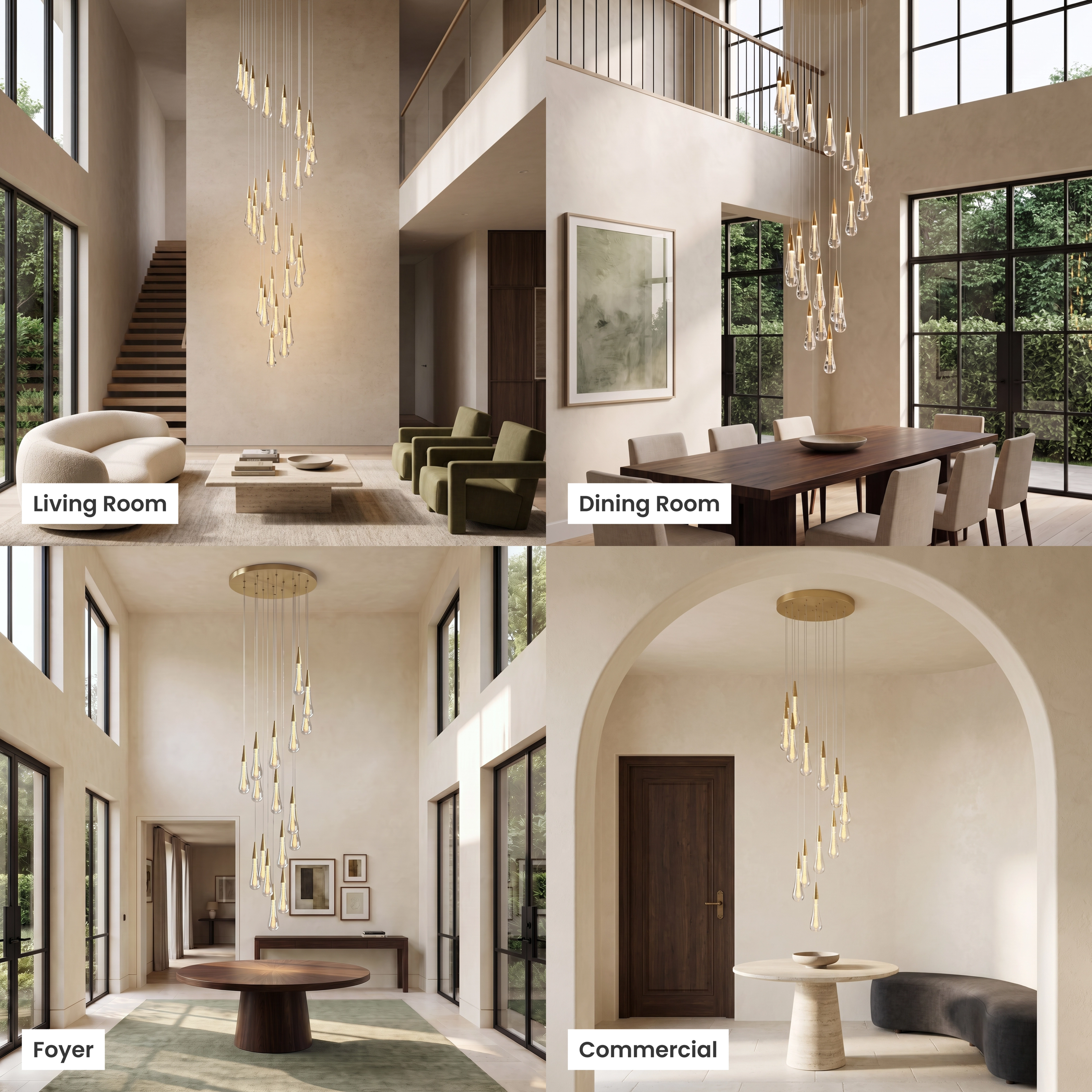 Indra chandelier, spiral of clear crystal droplets cascading down a double-height foyer and stairwell