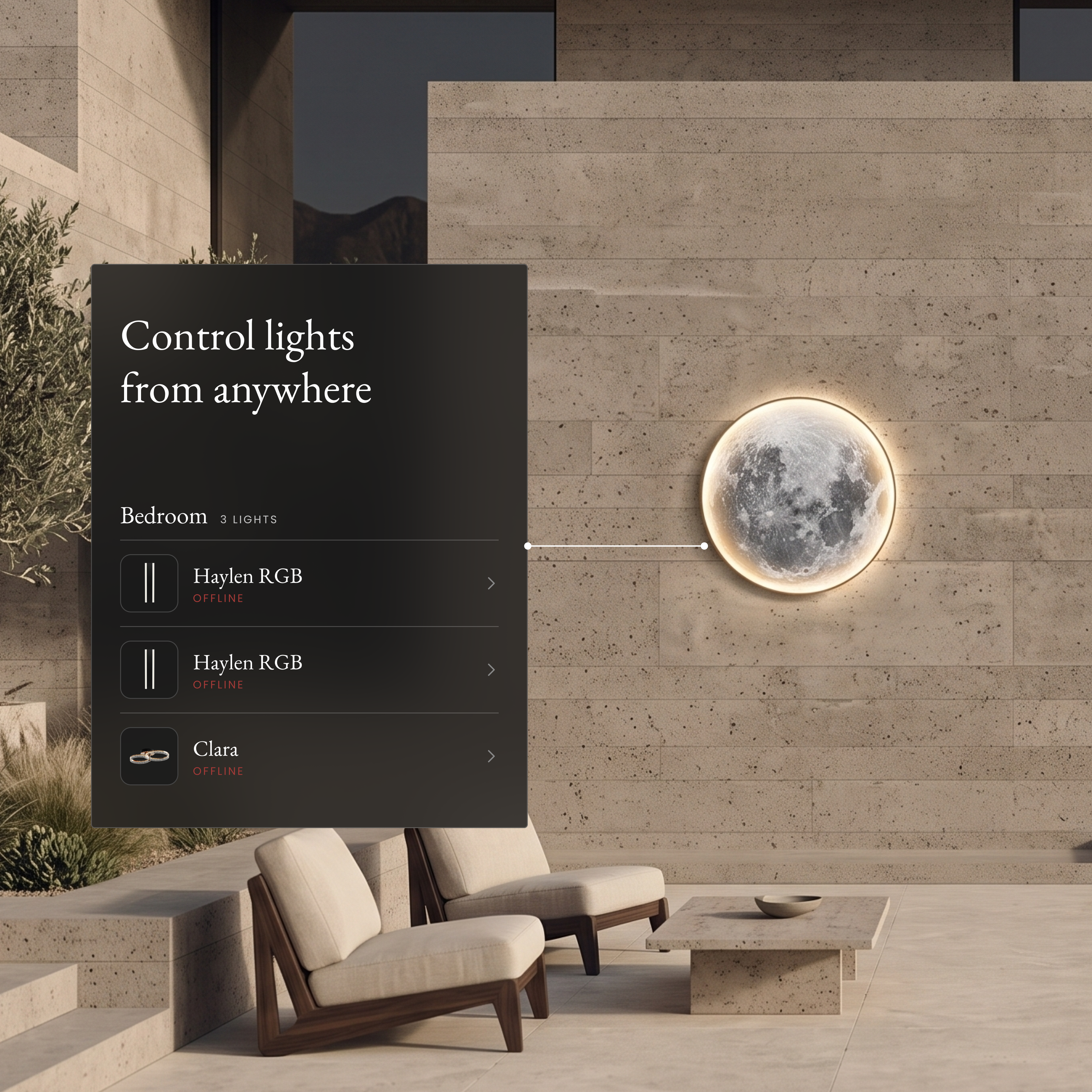 Luna Outdoor Smart moon wall light on a patio wall beside an app panel controlling lights from anywhere