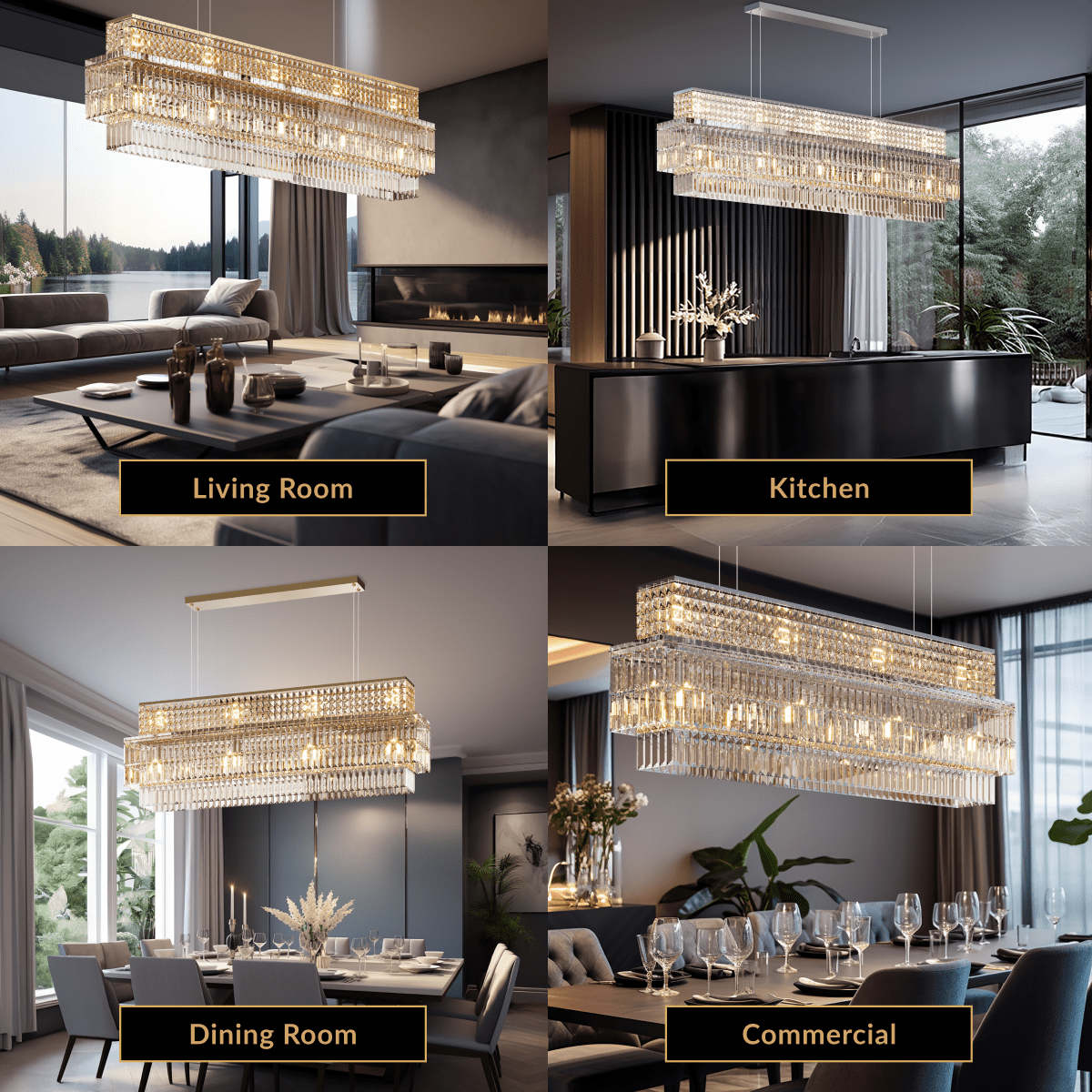 Krystal rectangular crystal chandelier shown in living room, kitchen, dining room and commercial settings