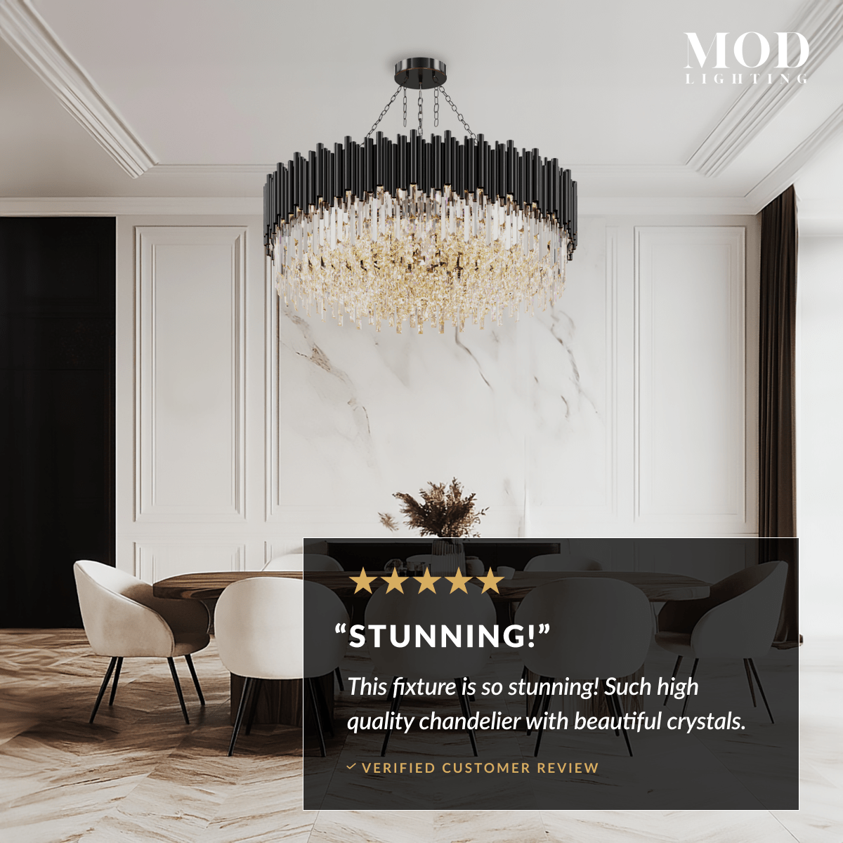 Obsidian crystal chandelier, black frame with tiered crystals, warm white, above a living room sofa