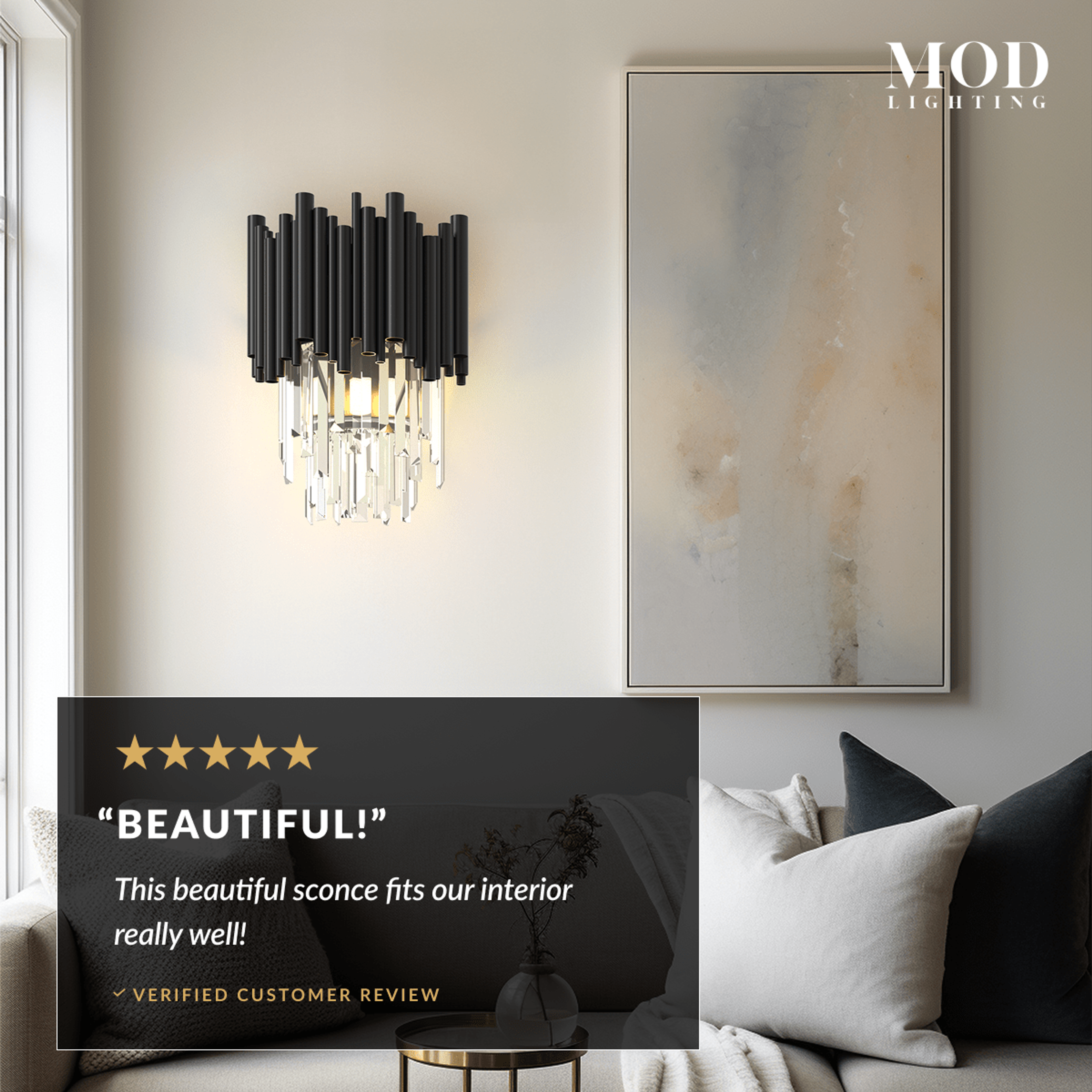 Obsidian crystal wall sconce, black tubes with crystal drops lit warm white beside a bed
