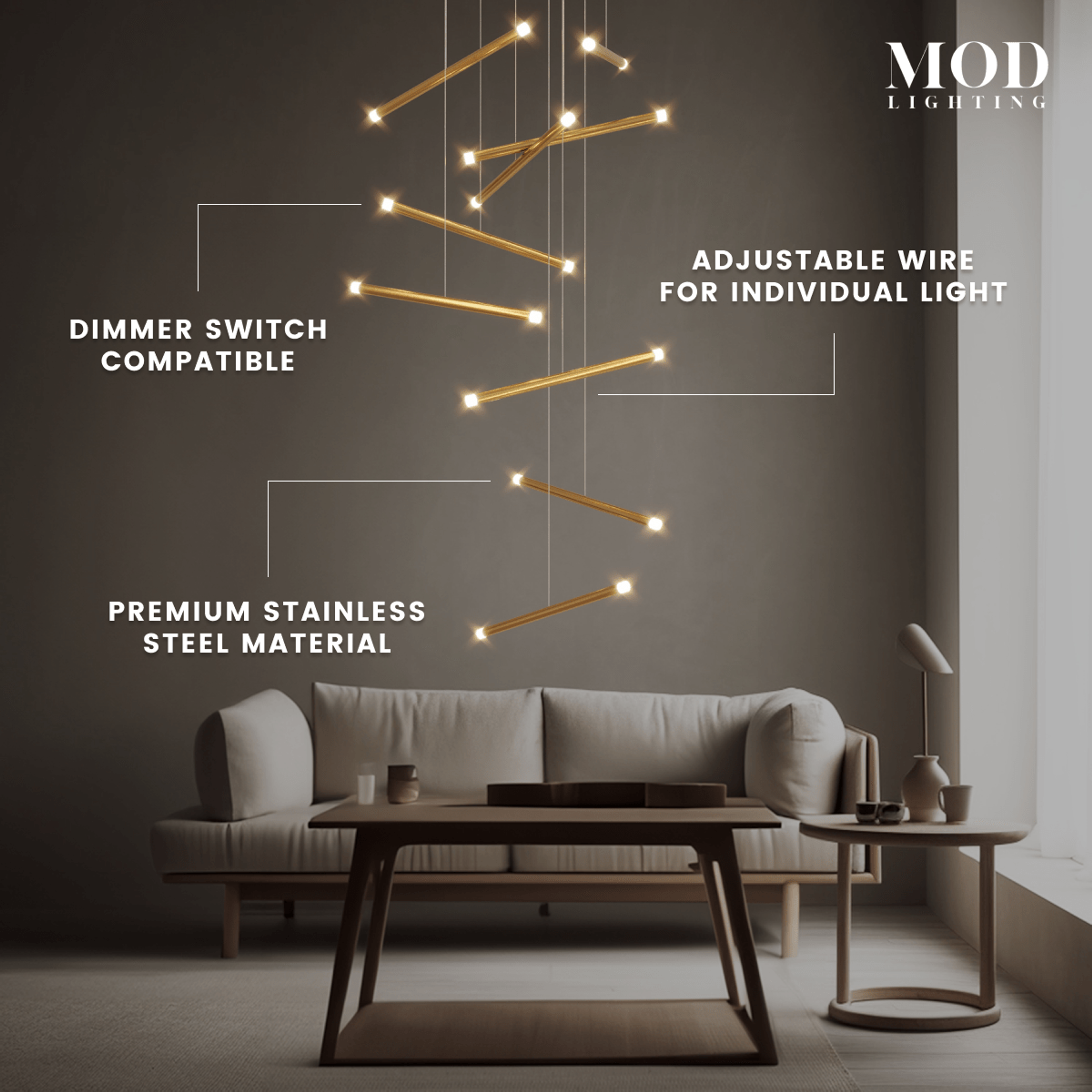 Freya gold linear-bar staircase chandelier with globe lights, labeled dimmer, adjustable wire, steel build