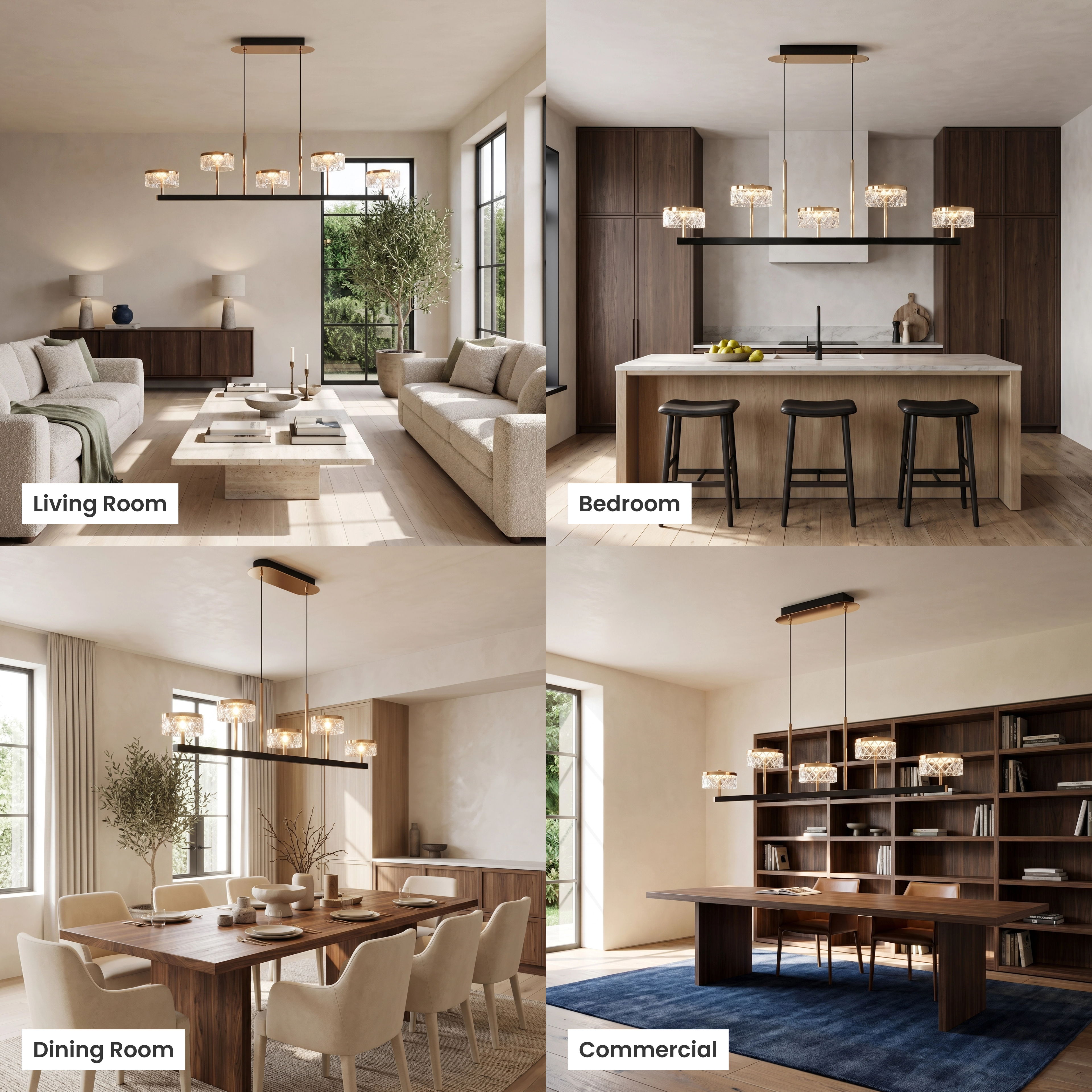 Emma linear pendant, five gold and pearl-black crystal drum shades on a bar, shown in living, dining, bedroom and commercial 