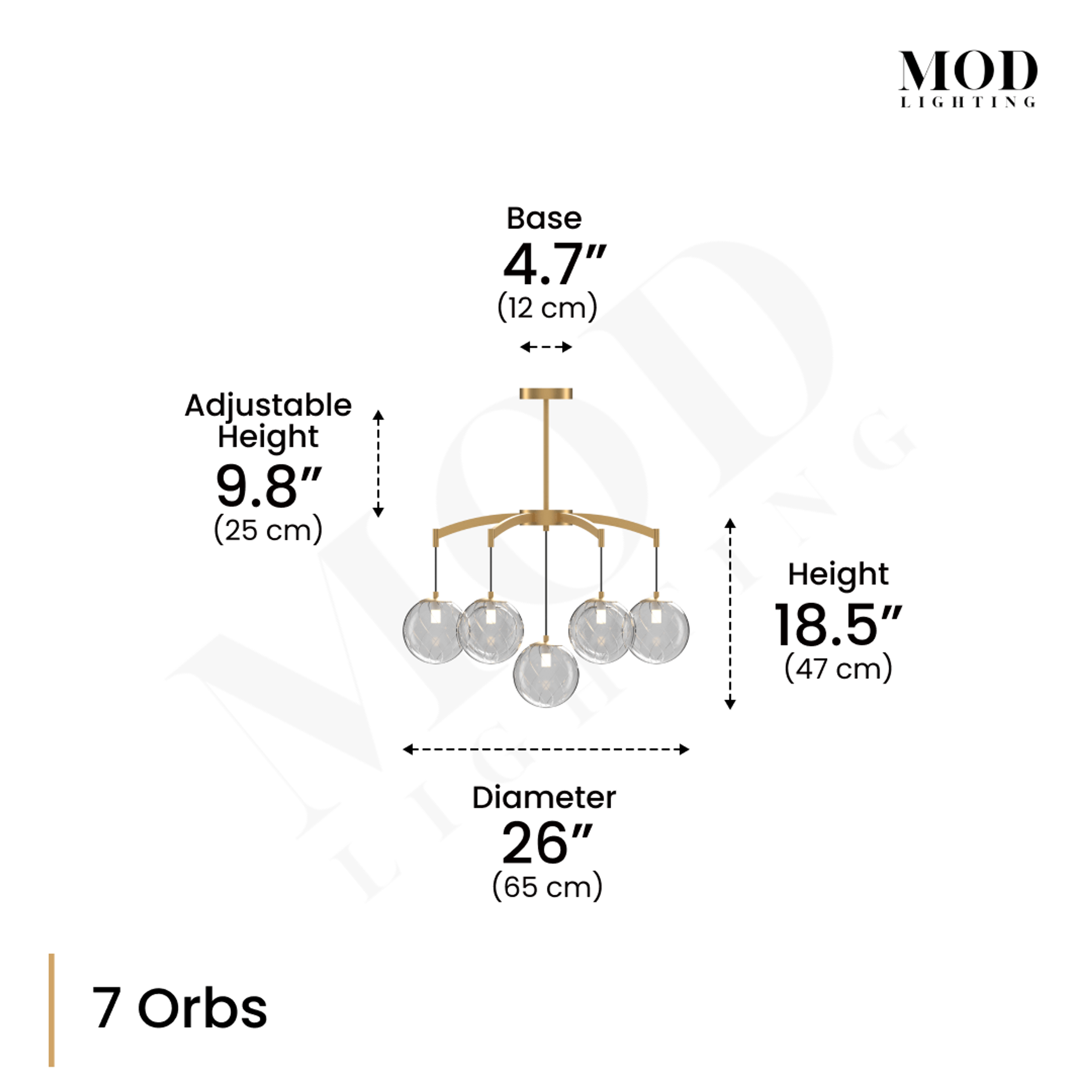 Mirella chandelier dimension diagram, 7-orb model: 26in diameter, 18.5in height, 9.8in adjustable drop