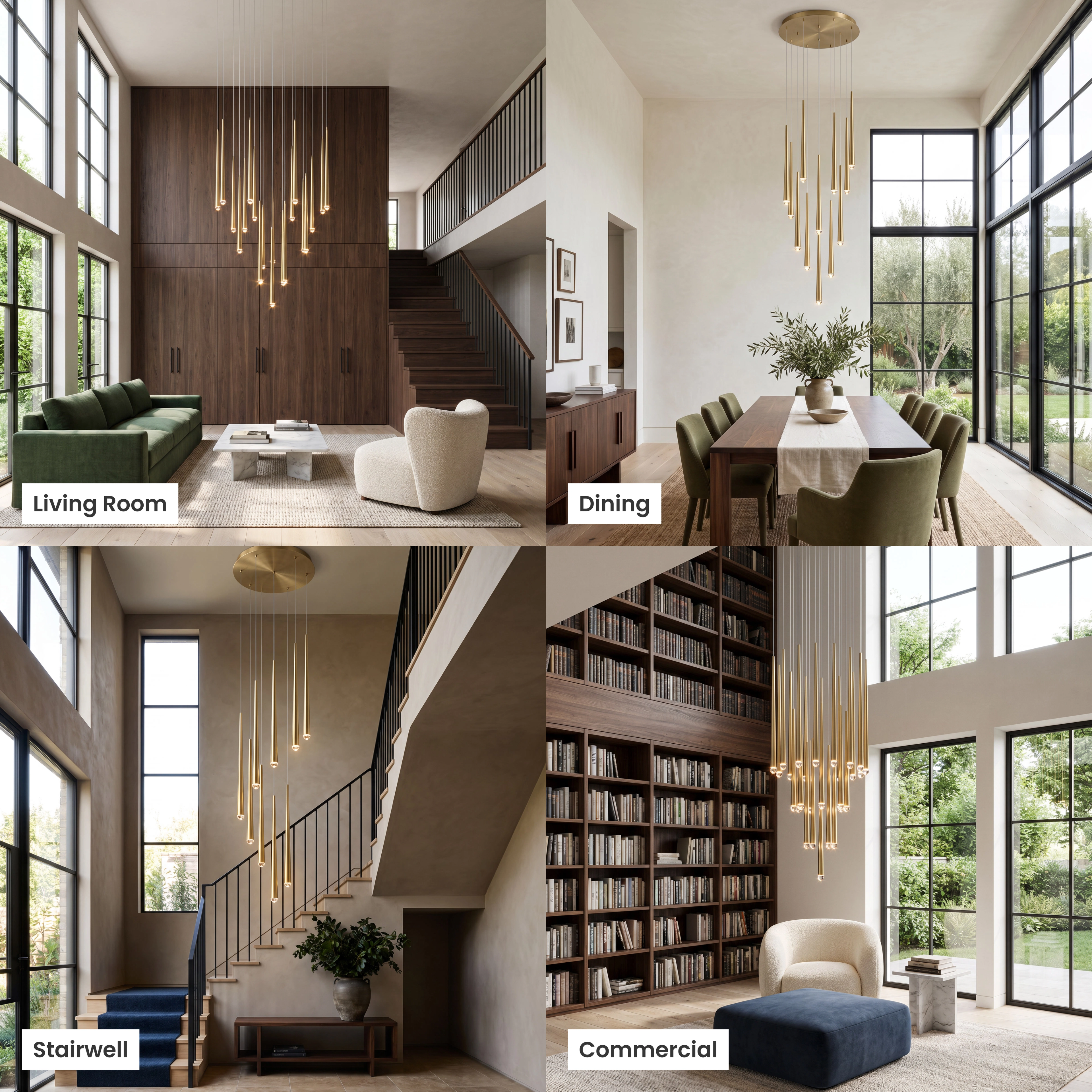 Jasper gold cascading pendants shown in living room, staircase, dining room and commercial settings