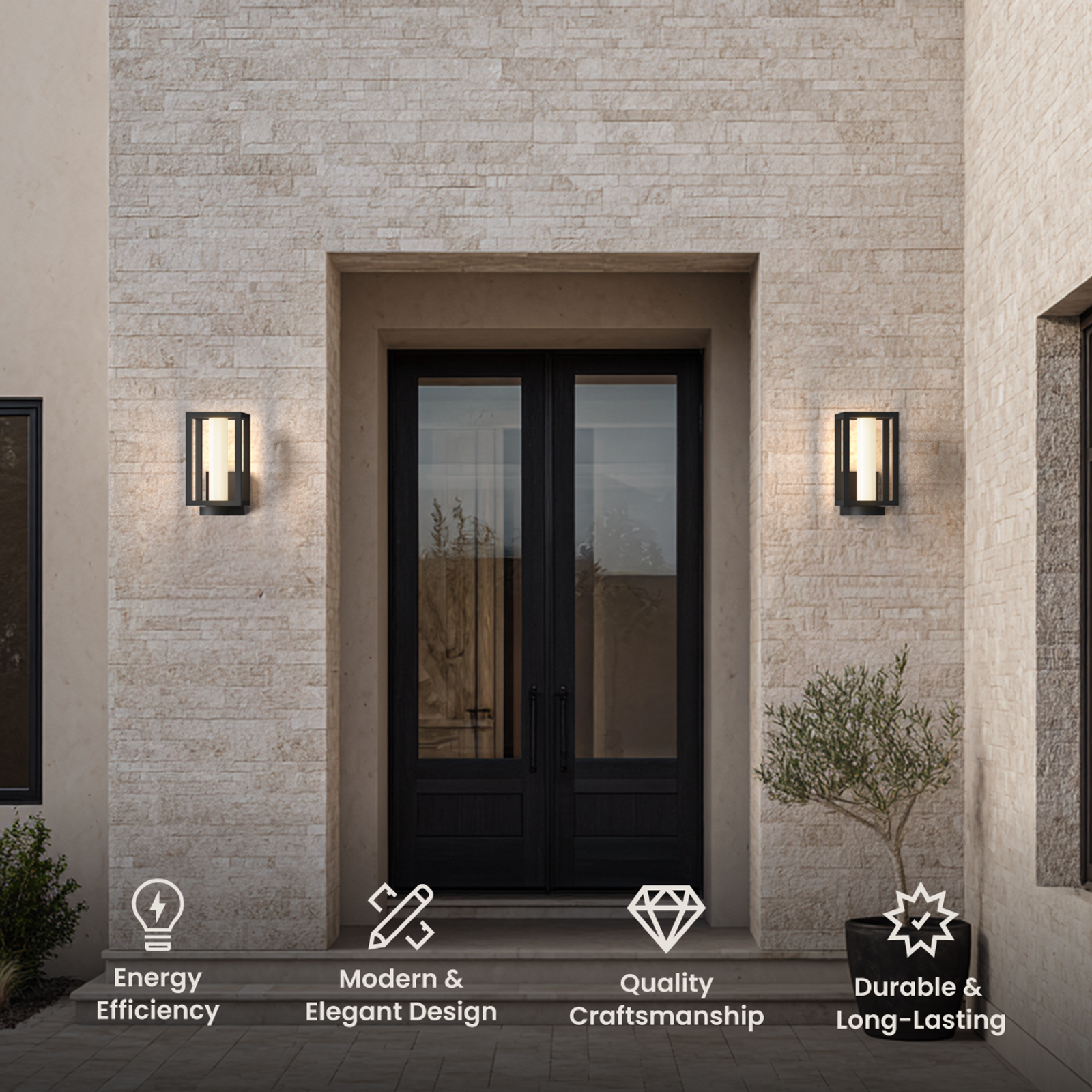 Ember, black rectangular up-and-down outdoor sconces flanking a door on a beige stone exterior