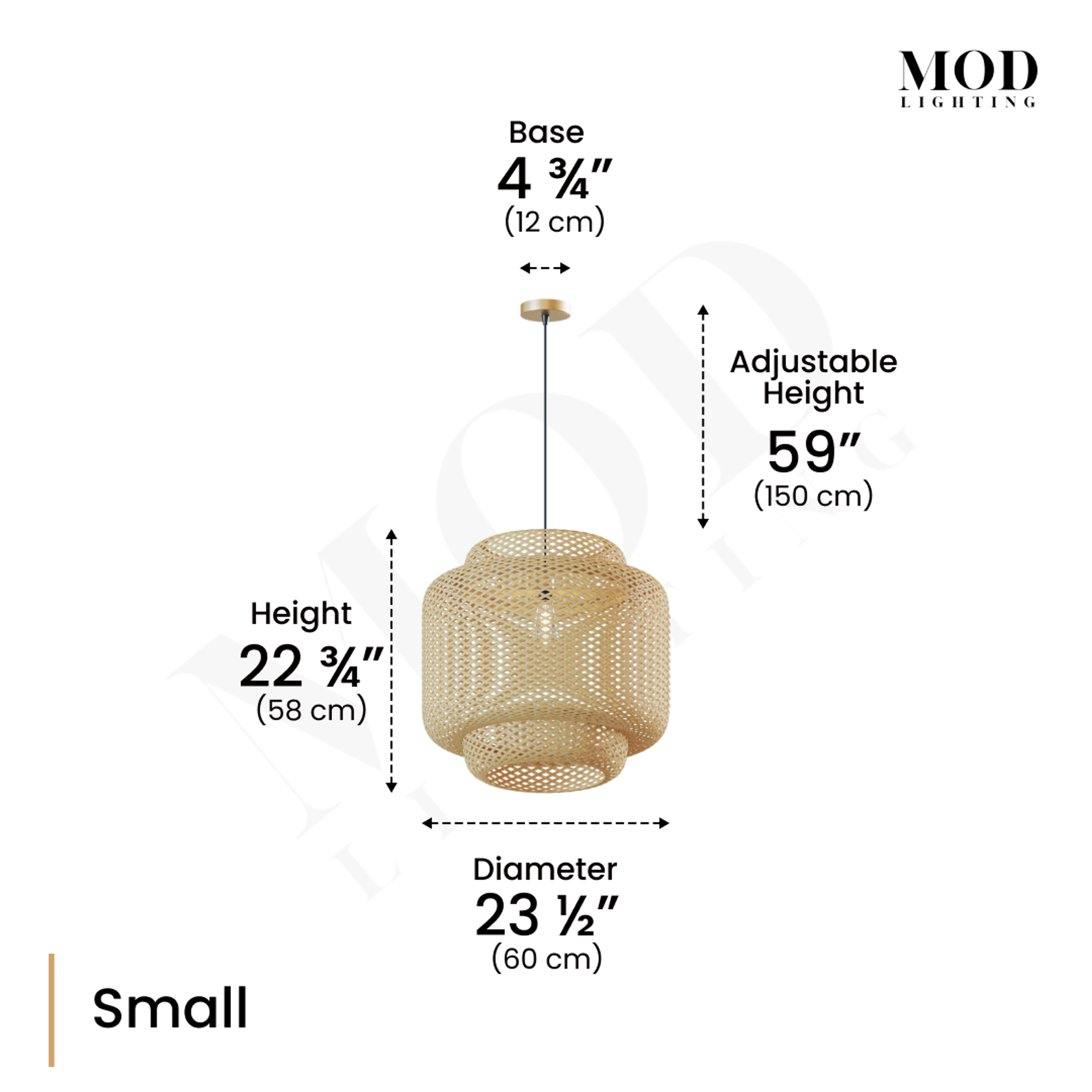 Elva bamboo lantern pendant dimensions, Small: 22.75in height, 23.5in diameter, 59in adjustable drop