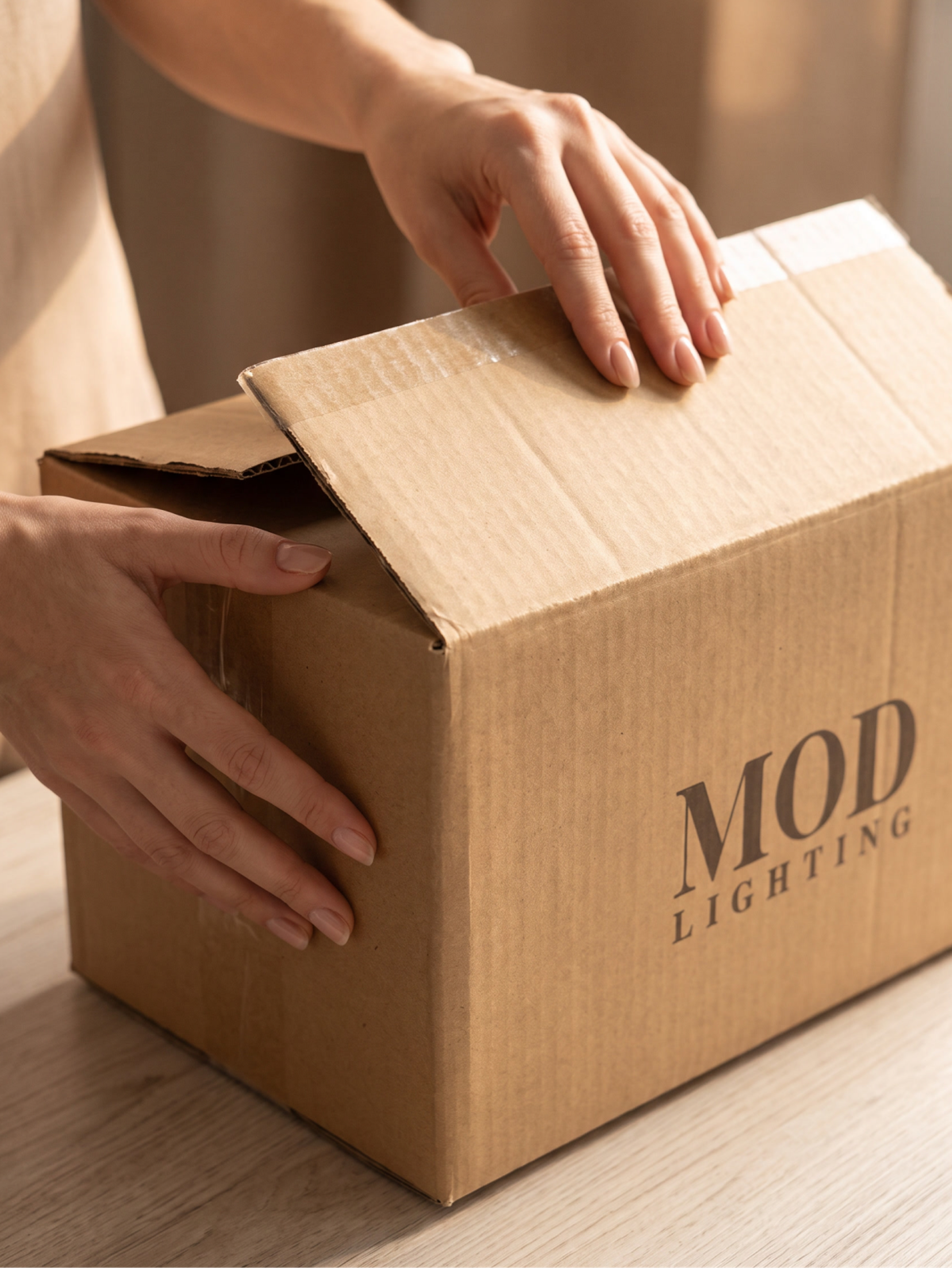 Hands closing a MOD LIGHTING branded shipping box
