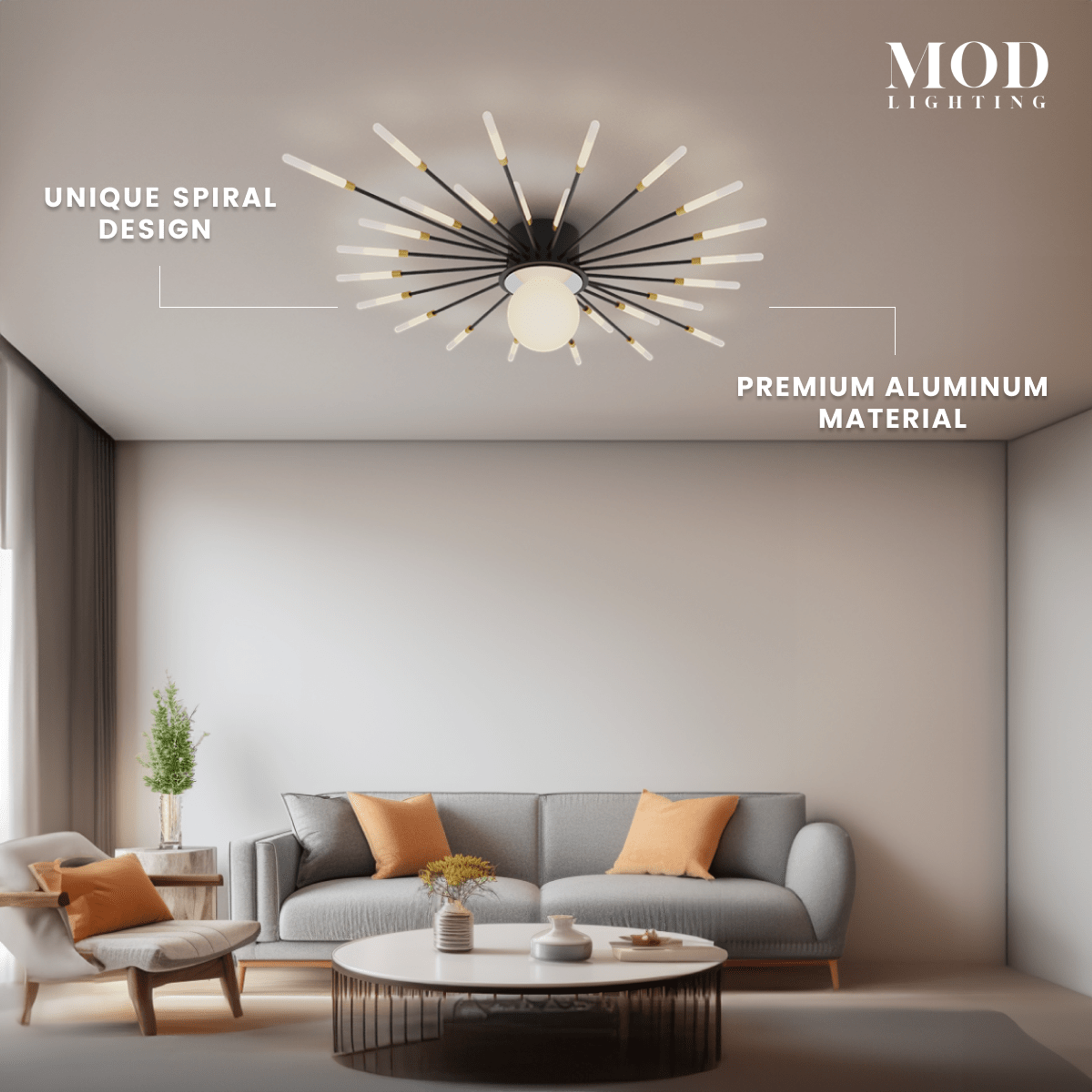 Seashell black spiral ceiling light with radiating rods and center globe in a modern living room