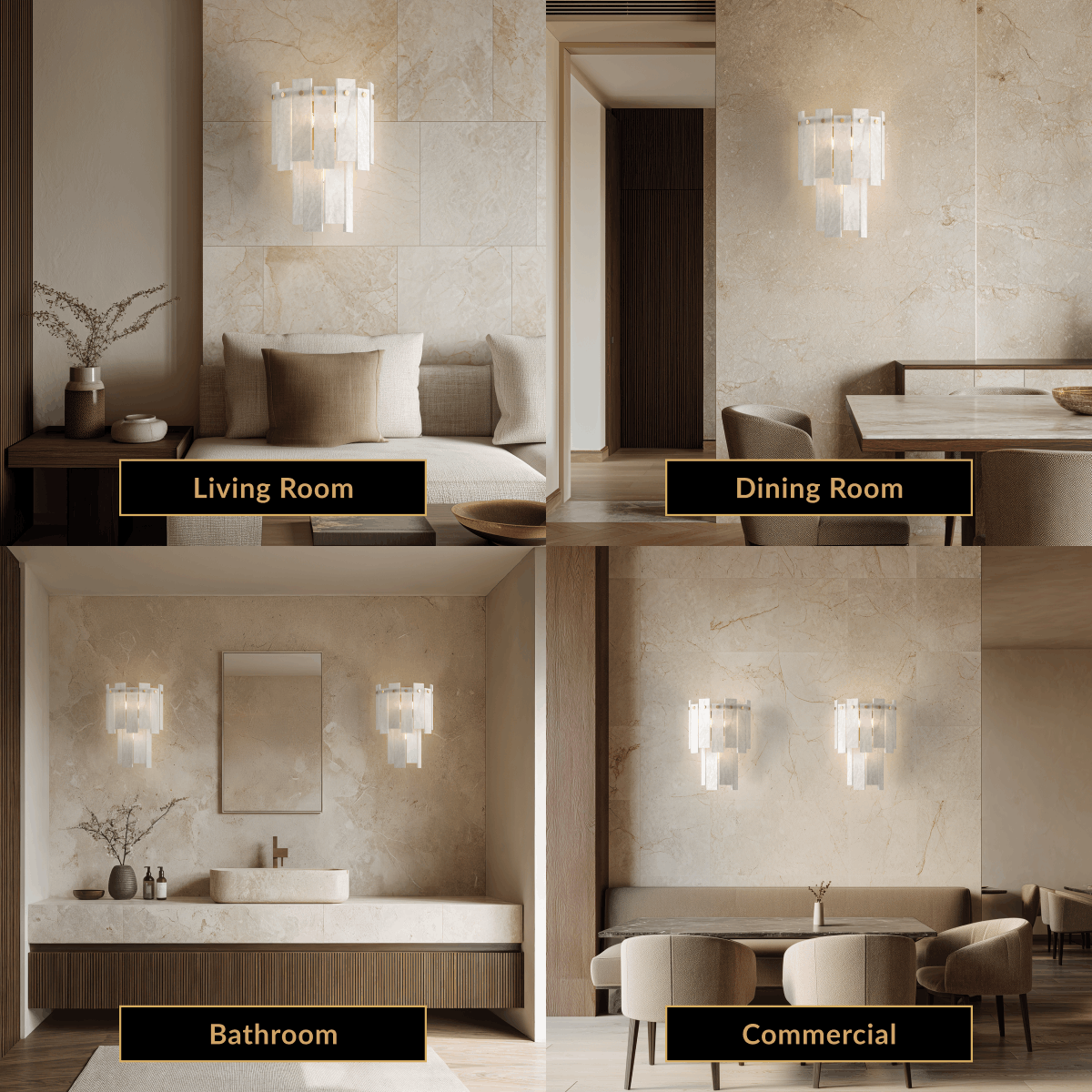 Velina Sconce gold alabaster wall light shown in living room, dining room, bathroom and commercial settings