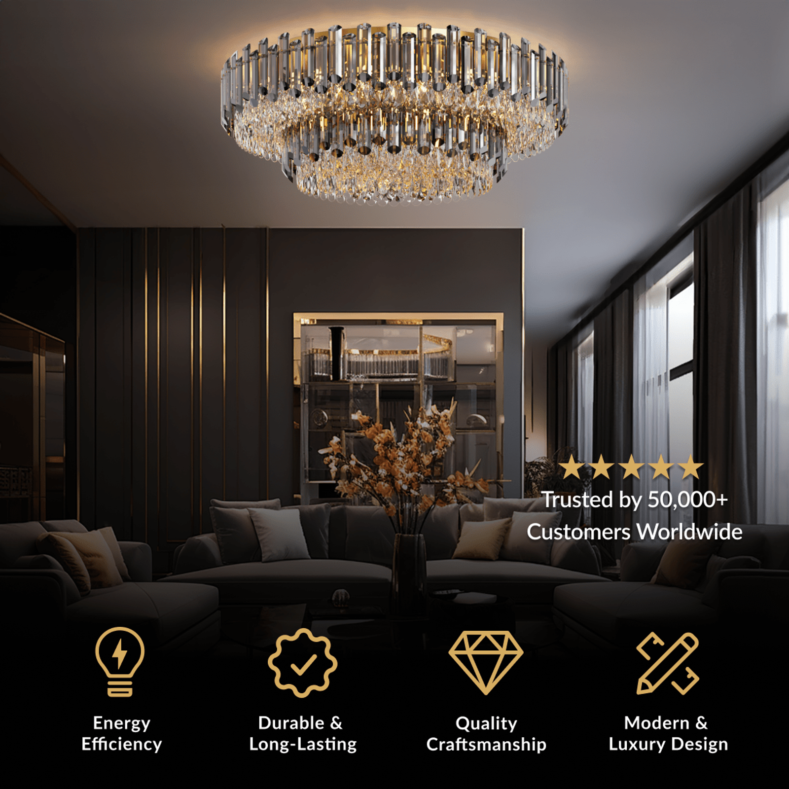 Arina flush-mount ceiling light, round tiered crystal design, in a dark paneled living room