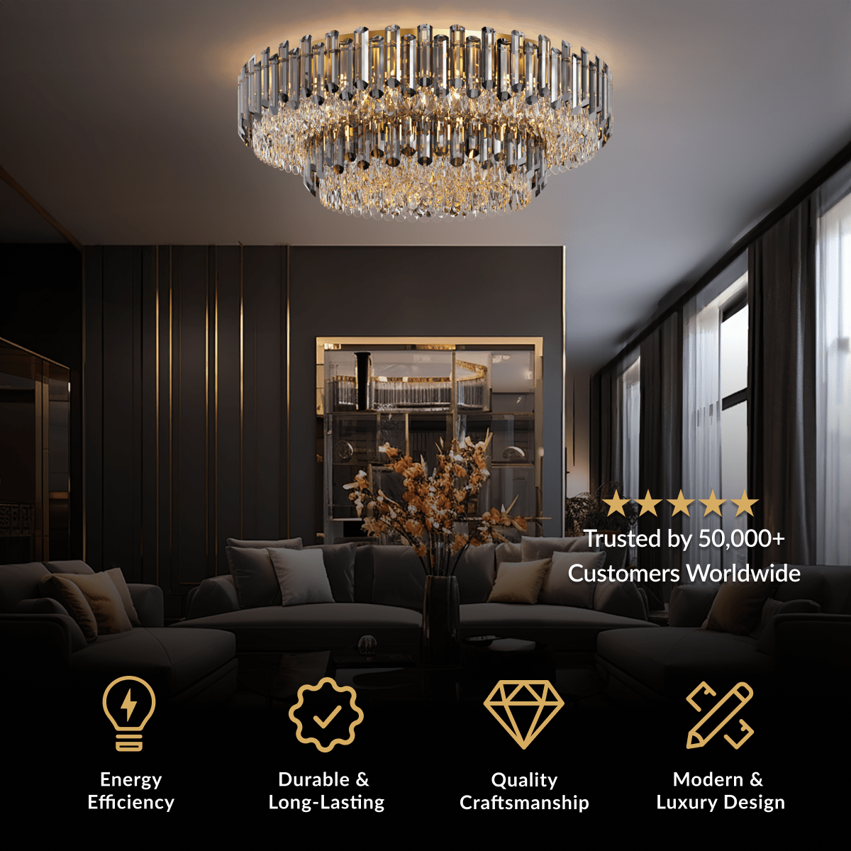 Arina flush-mount ceiling light, round tiered crystal design, in a dark paneled living room
