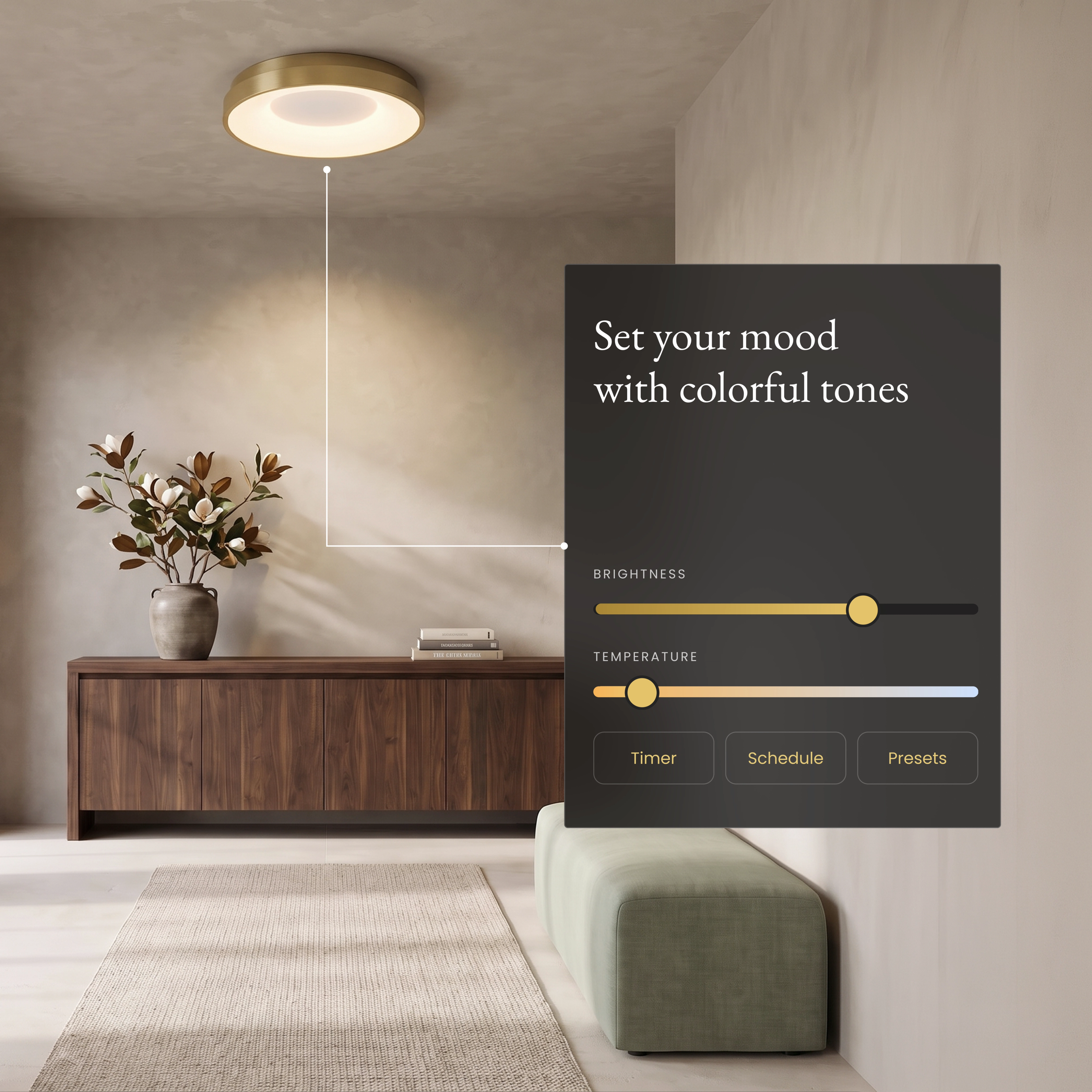 Bryce Smart flush mount above a sideboard with the app brightness and color temperature sliders