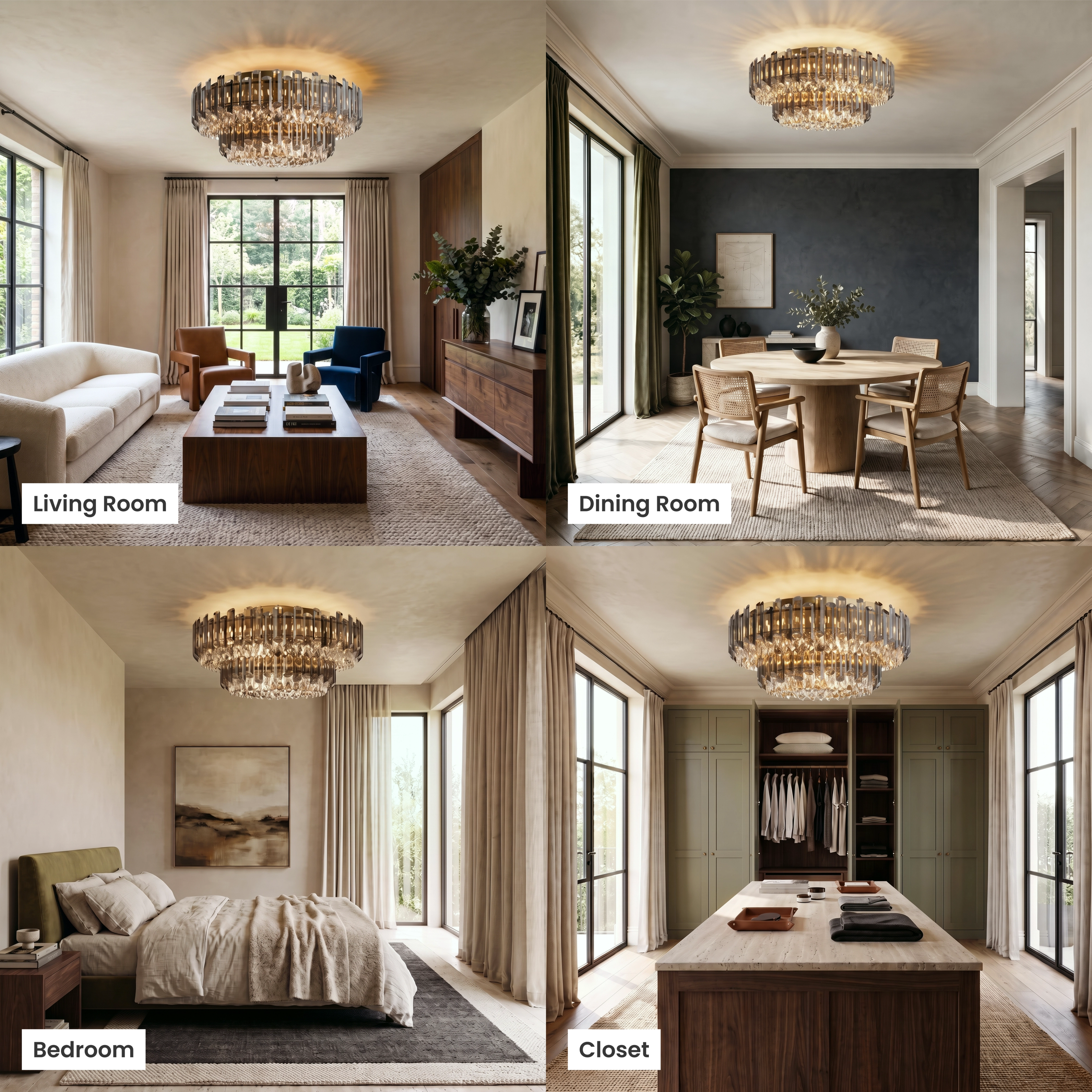 Arina round crystal flush-mount ceiling light shown in living room, dining room, bedroom and commercial settings