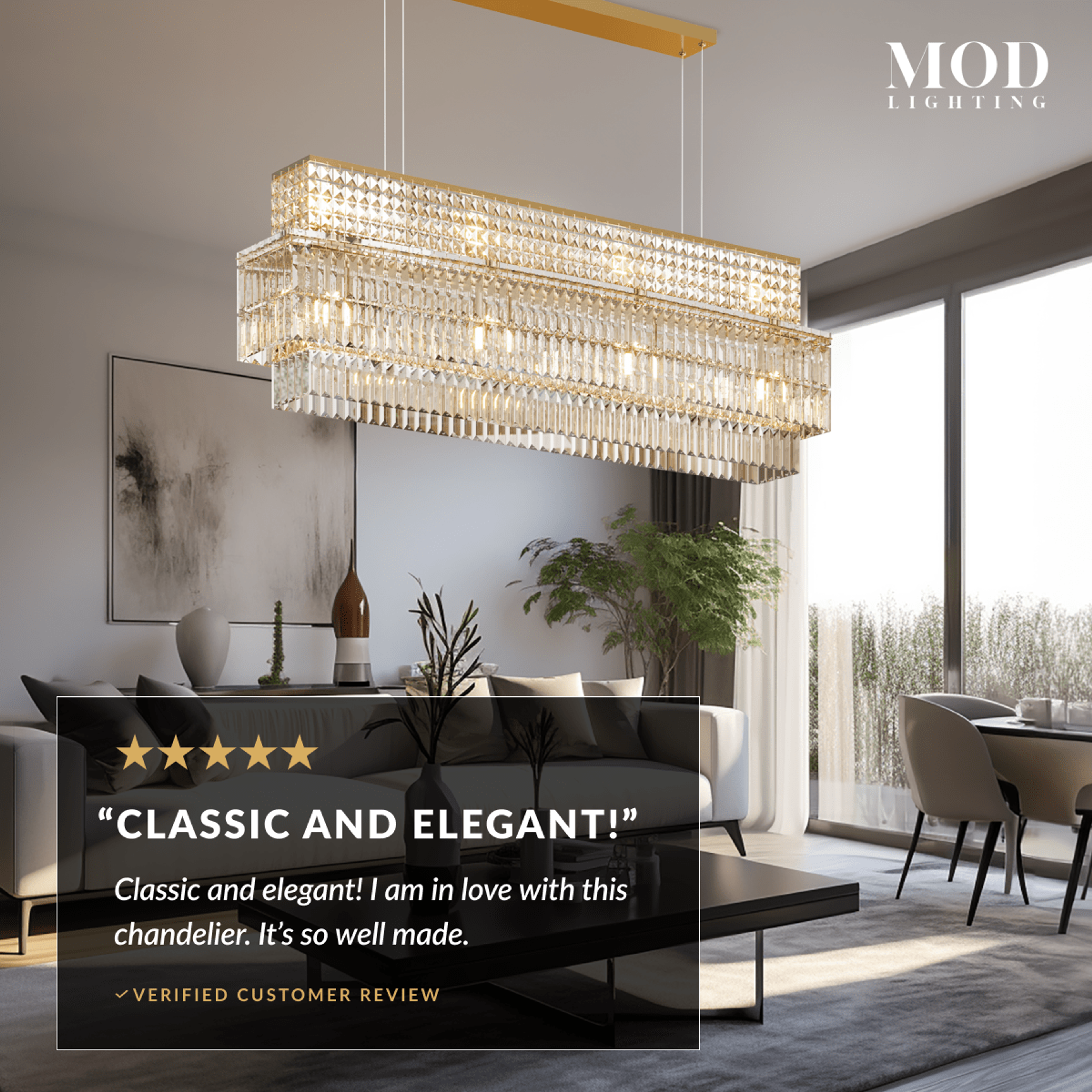 Krystal gold rectangular crystal chandelier in a living room, five-star review overlay