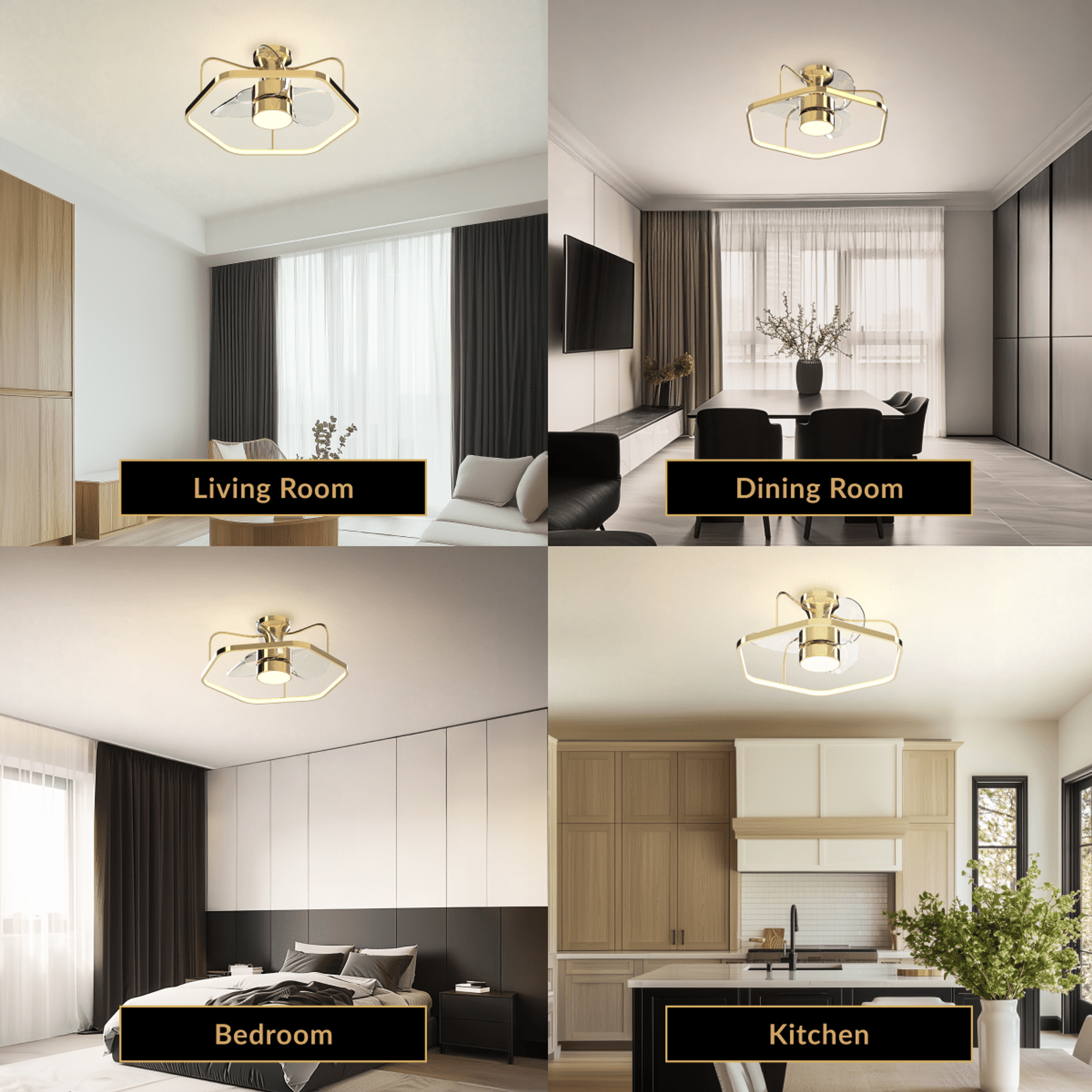 Virelle gold caged ceiling fan light in living, dining, bedroom and kitchen rooms