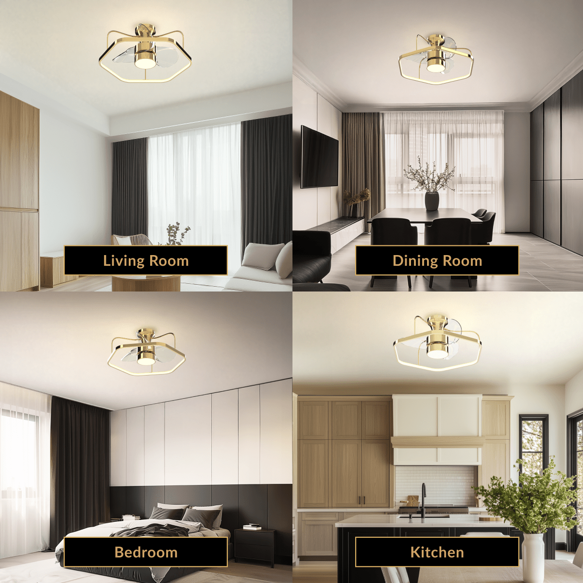 Virelle gold caged ceiling fan light in living, dining, bedroom and kitchen rooms