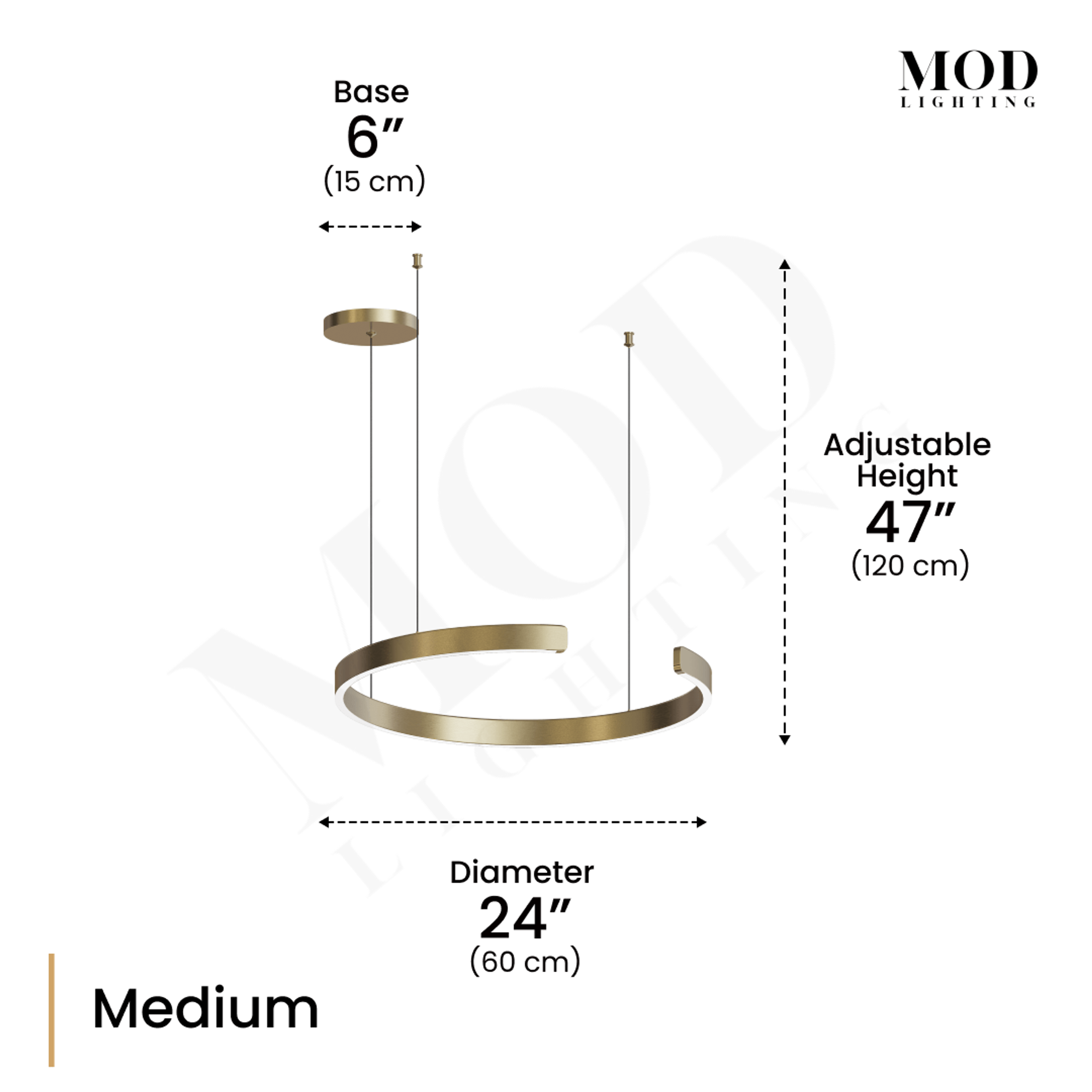 Ring gold C-shaped pendant, medium dimension diagram: 24 in diameter, 47 in adjustable height