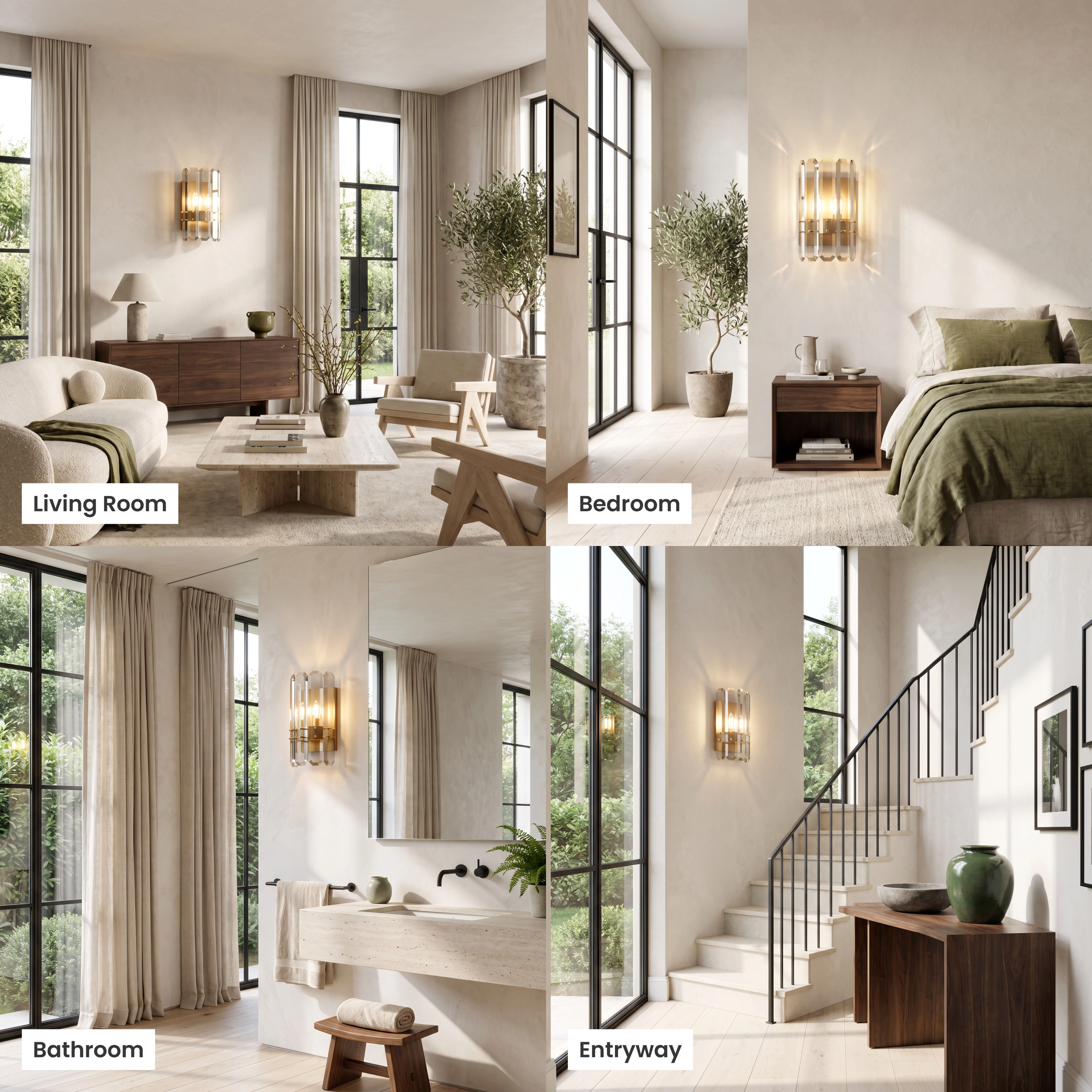 Lustre brushed-gold crystal wall sconce with faceted crystal panels, in living room, bathroom, bedroom and commercial spaces