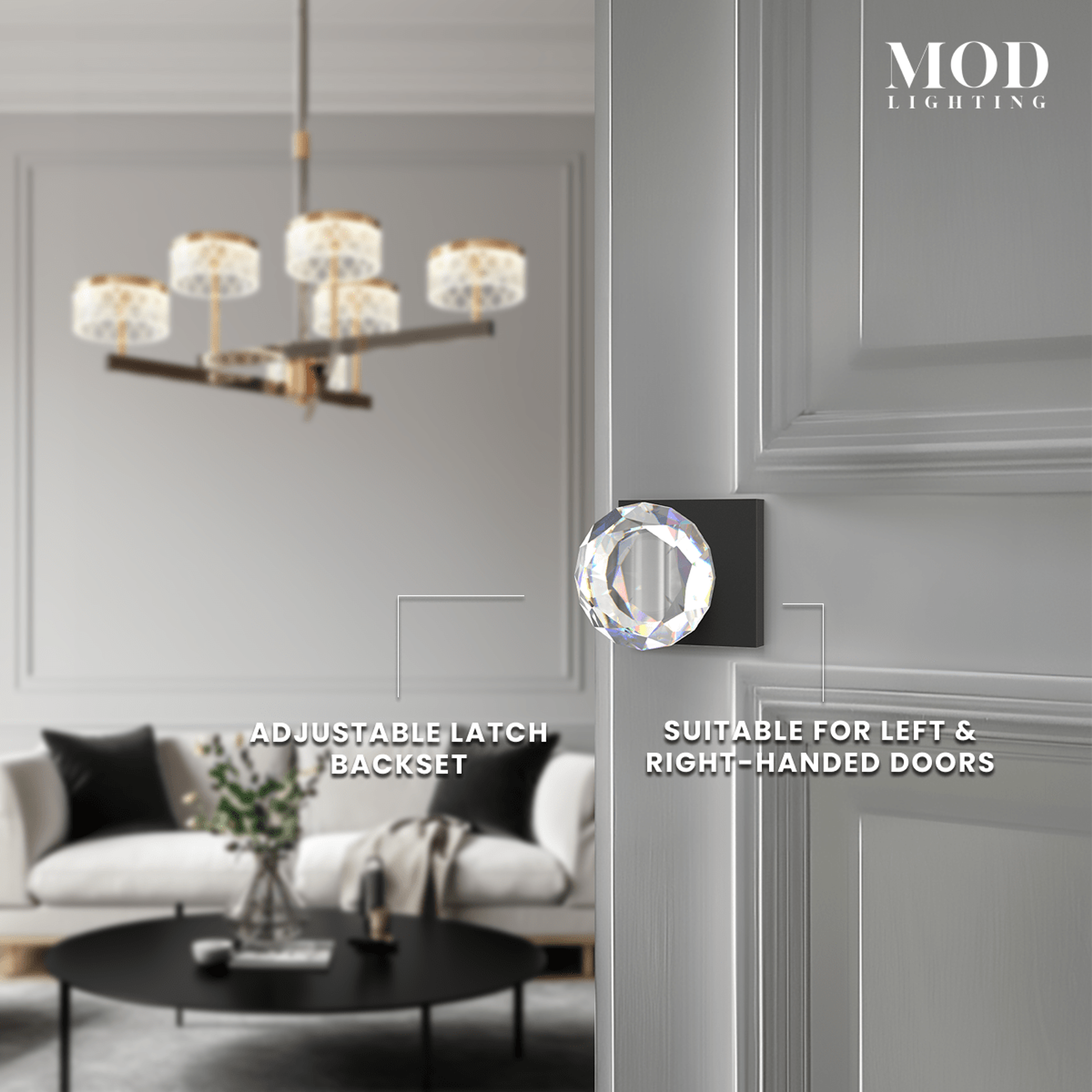 Royale black crystal-knob handle on a grey door, noting adjustable latch backset and left/right-hand fit