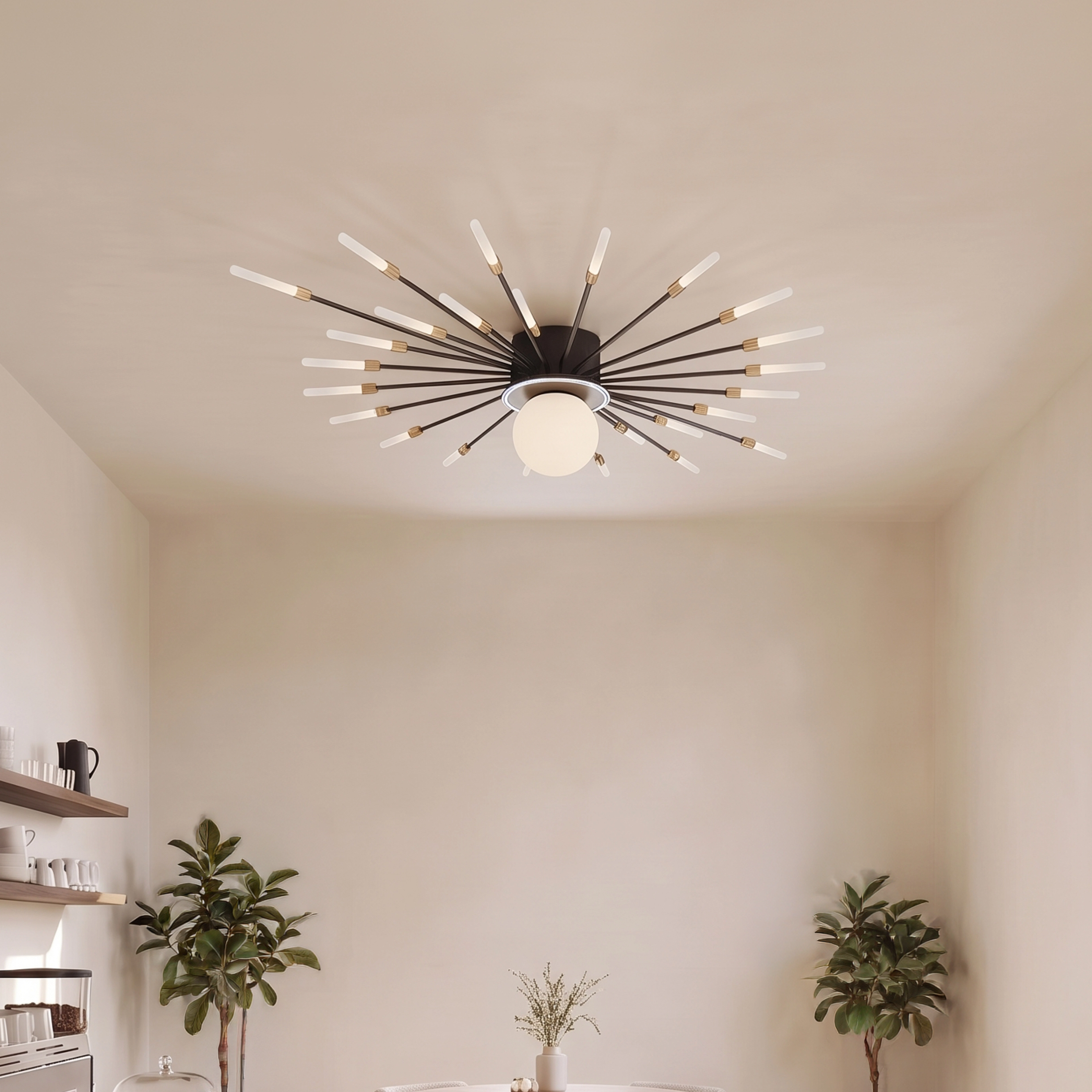 Seashell black spiral ceiling light with fanned rods and globe over a neutral sofa, five-star review