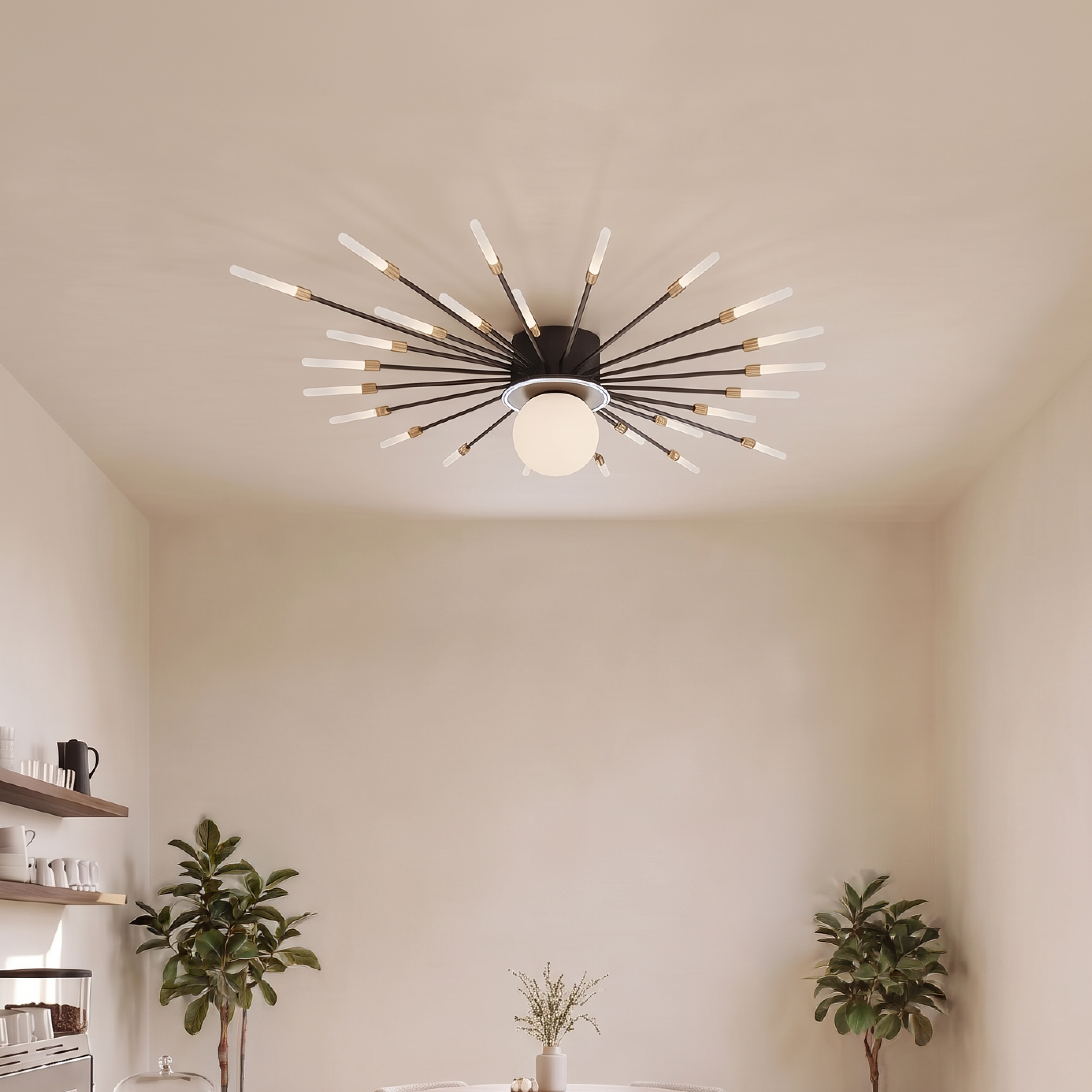 Seashell black spiral ceiling light with fanned rods and globe over a neutral sofa, five-star review