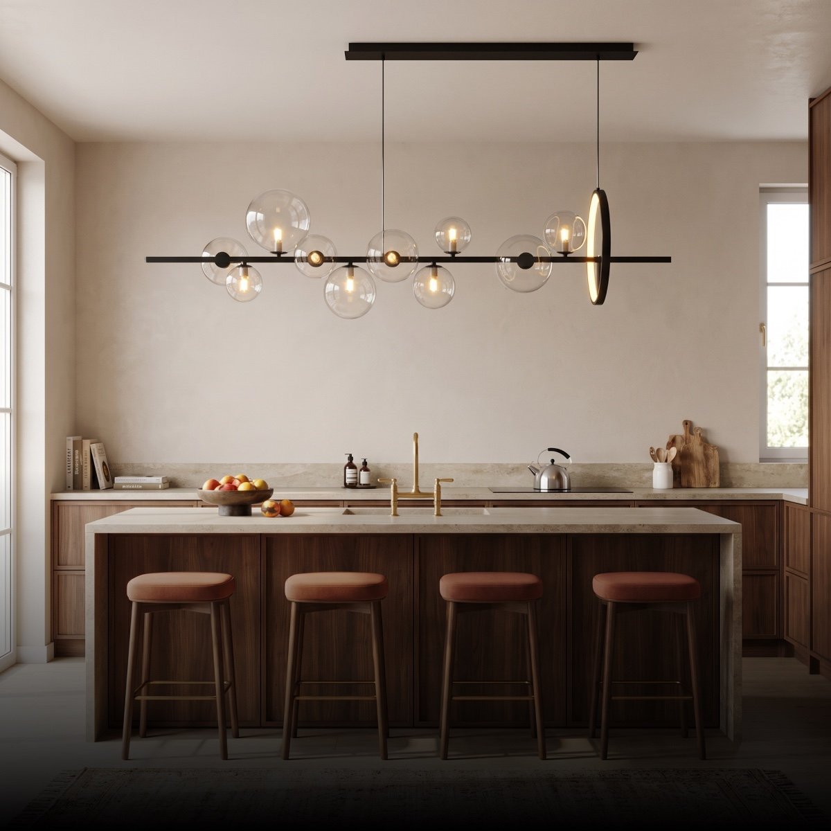 Linear globe pendant above a kitchen island
