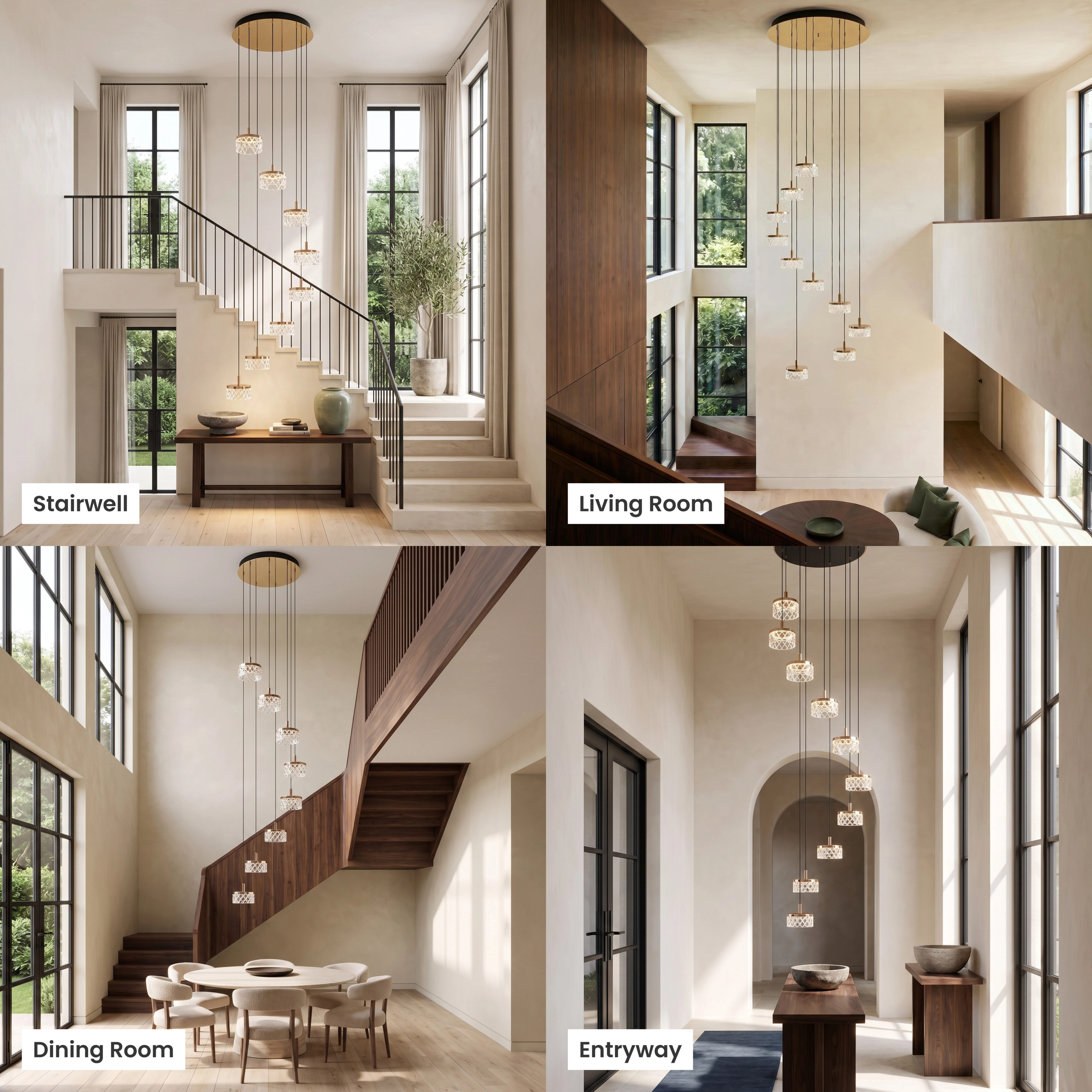 Emma staircase chandelier, spiral cascade of crystal drum pendants, shown in living, staircase, foyer and commercial spaces