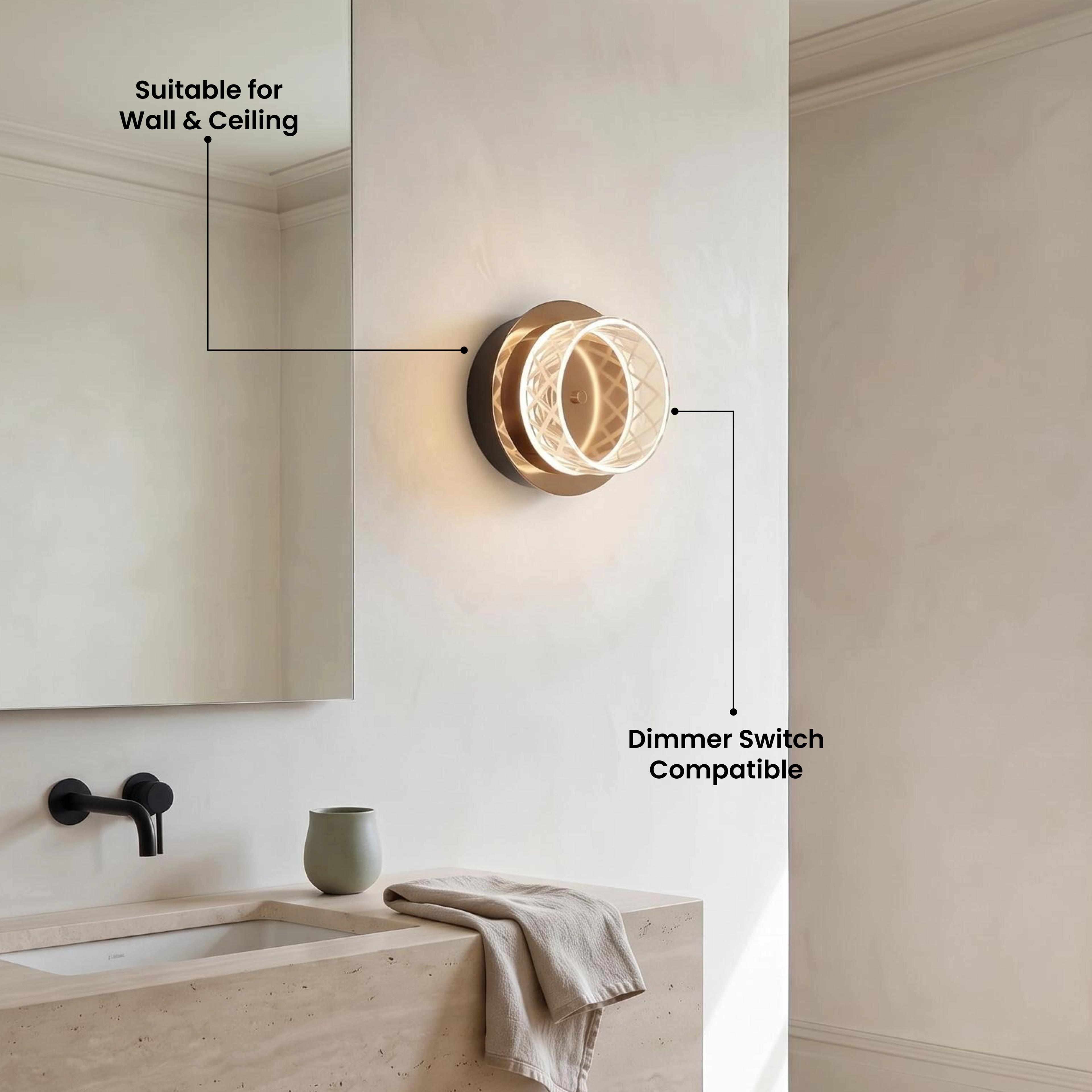 Emma round crystal-ring sconces lining a hallway wall, with a five-star customer review overlay