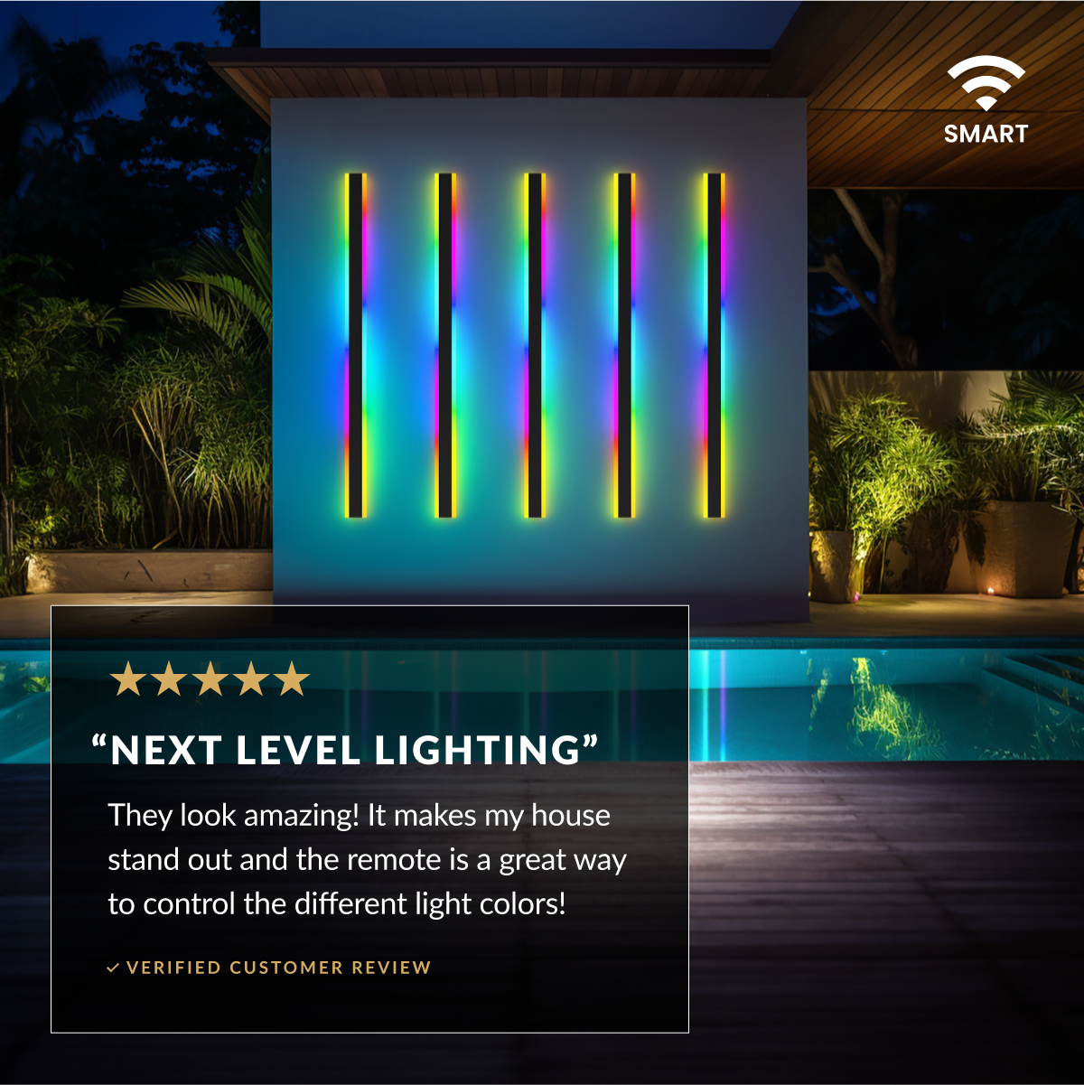 Haylen RGB LED bar lights glowing multicolor by a nighttime pool, with a five-star customer review